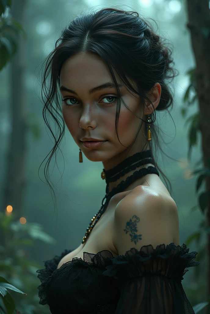 a woman with prominent nipples, intricate detailed face, photorealistic, hyperrealistic, 8k, highly detailed, dramatic lighting, mystical, ethereal, glowing skin, elegant, flowing hair, deep gaze, cinematic composition, moody atmosphere, wide cleavage,image of a full-body woman,BREASTS 3D,image 3D,
