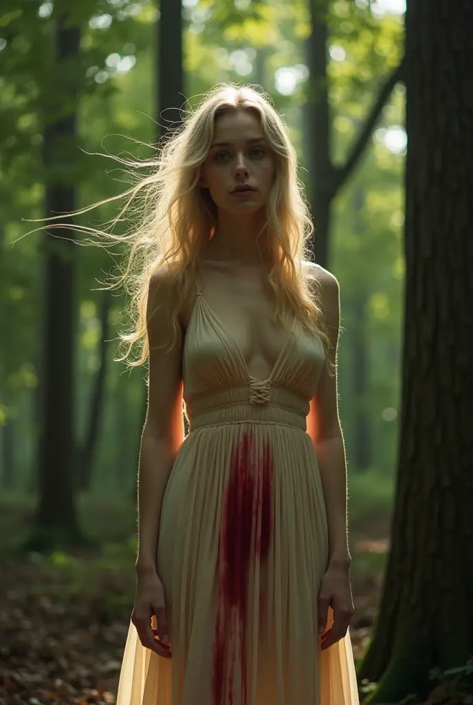 blonde, Beige dress and underwear with a lot of blood in the forest, blood on the clothes 