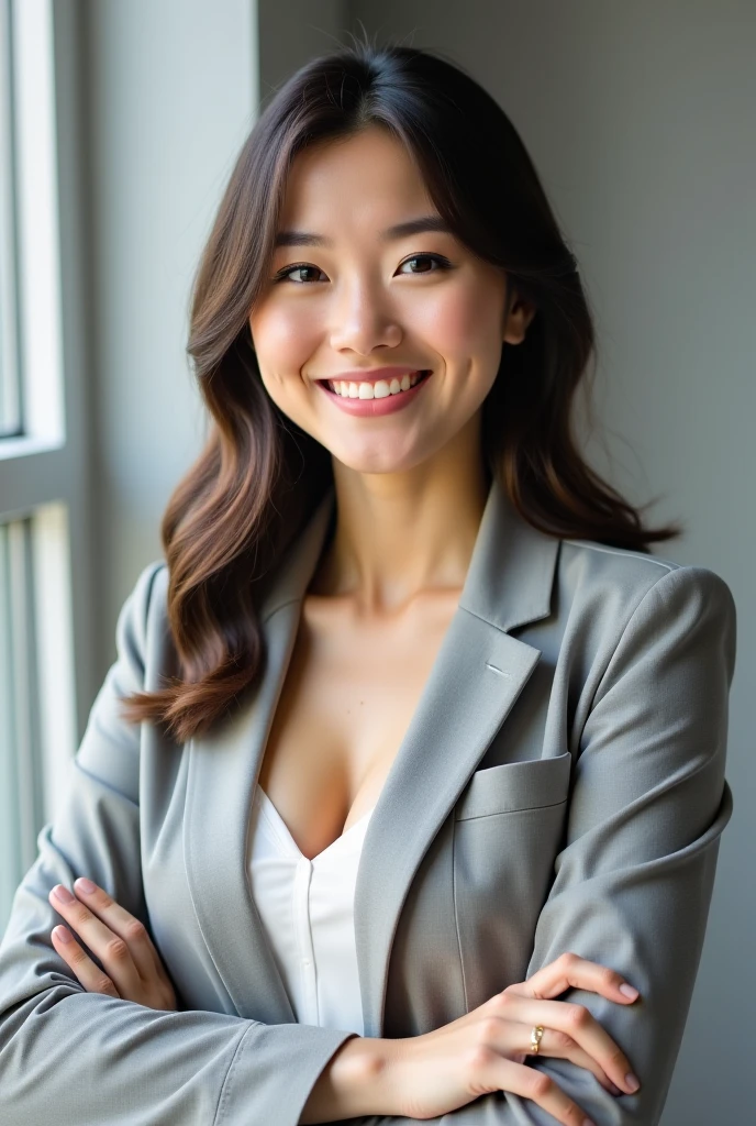 create 1 asian girl, beautiful smiling face, arms crossed in front of chest shows professionalism, breast