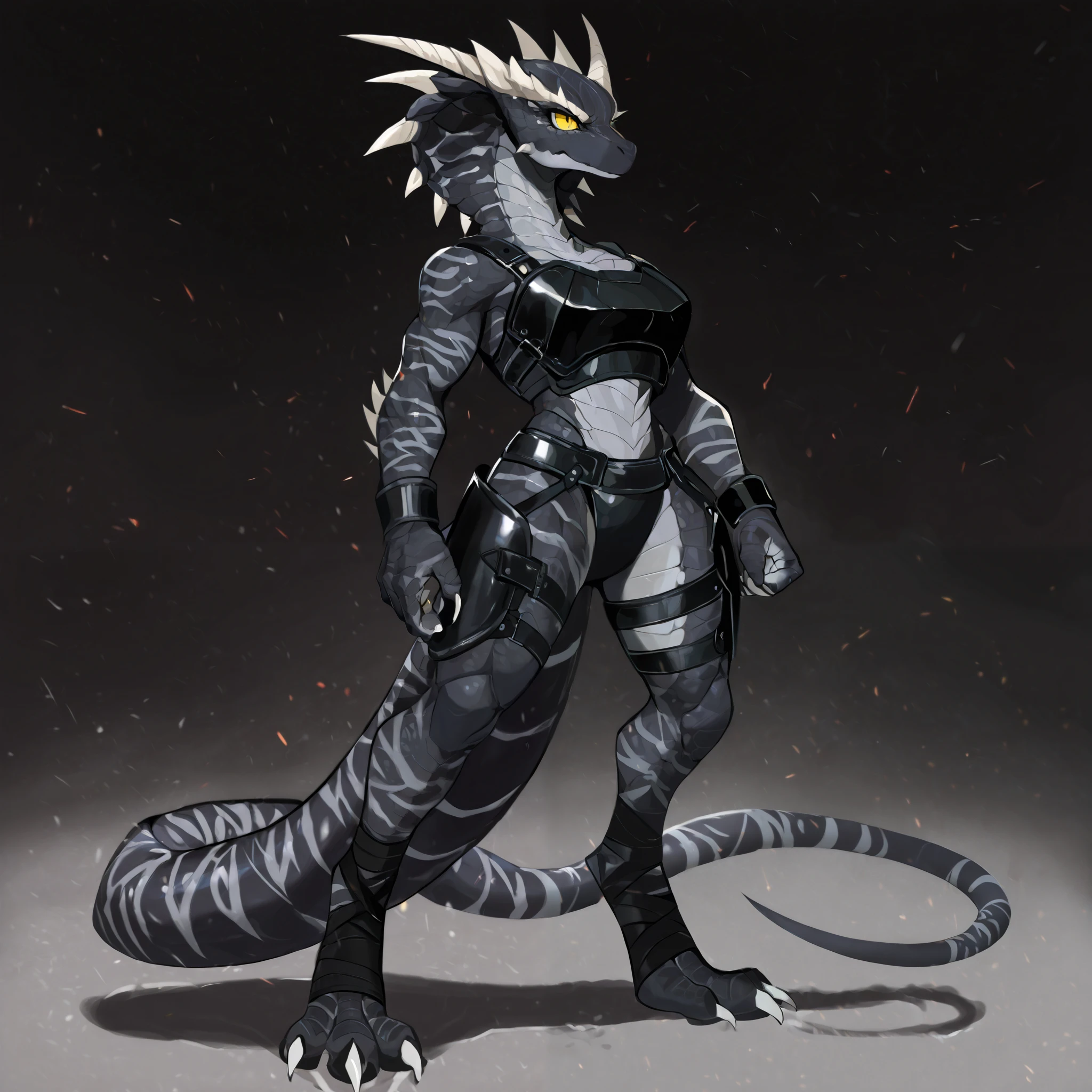 masterpiece, best quality, anime style, anime shading, full body picture, centered, alone, solo focus, 1girl, female dinosaur, cobra, vertigo, yellow eyes, black body, dark grey stripes, white claws, ((horns)), digitigrade legs, overlapping chest scales, ((solid black backgroud)), score_9_up, score_8_up, score_7_up, score_6_up, score_5_up, stern expression, standing upright, wearing a black harness, black leather chest armor, black leather thigh armor, black leather waist armor, black ankle wraps, black wrist straps