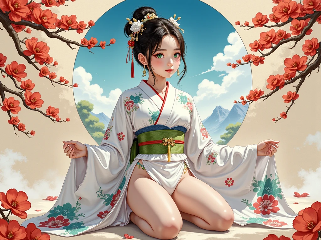 The image is an oil painting depicting a geisha in a photorealistic style, with blur and graininess effects, which create a sense of movement and distance. The geisha is a young and beautiful woman, with straight black hair, trapped in a high bun, with red flower ornaments. Her skin is clear and delicate, contrasting with her typical makeup, which consists of painting her face white, her lips red, and her eyes black. His eyes are small and almond-shaped, conveying a sweet and mysterious look. She wears a silk kimono, with floral print in shades of pink, blue and green. The kimono is adjusted to her body, highlighting her curves and her femininity, without being vulgar. She has an obi, a wide band that wraps around her waist, in the color red, that stands out in the composition. She also wears white socks and wooden sandals called zori. She carries an open fan in her right hand, which has the same print as the kimono. She smiles slightly, showing her perfect white teeth, as if inviting the viewer to approach her. The background of the image is a solid color, which can be gray, beige or brown, creating a contrast with the figure of the geisha. The light comes from the left, illuminating her face and her kimono, but also creating shadows and reflections, which give depth and perspective to the painting. The image is a realistic and poetic representation of the geisha, in the style of Gerhard Richter. --auto --s2