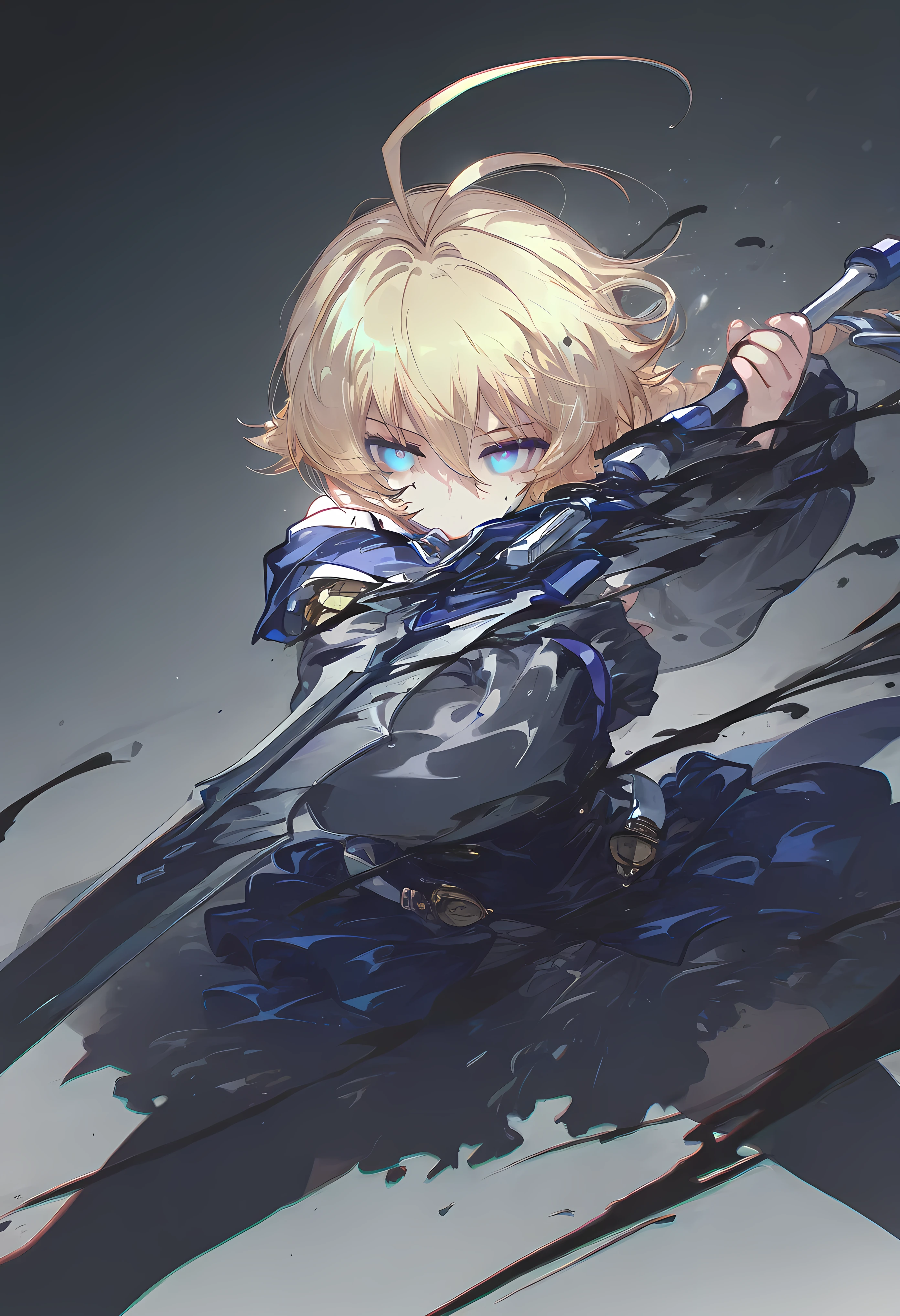 1girl,female focus,solo,es \(xblaze\),blonde hair,single braid,blue eyes,fighting stance,holding weapon,greatsword,masterpiece,best quality,newest,absurdres,highres,tokiame,ink,