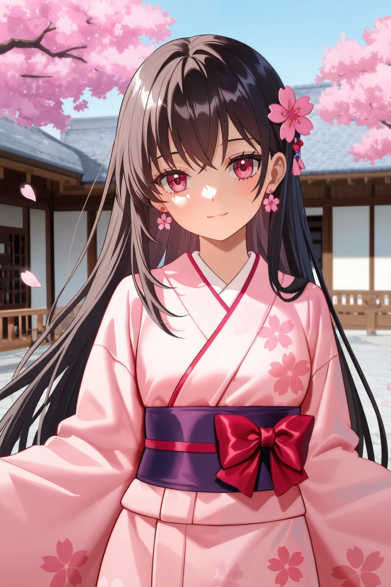 Anime girl in kimono standing in front of a building with long straight hair and hair accessories, wearing a traditional pink kimono with floral patterns and a purple sash, red bow and pink flower earrings as accessories, standing pose, outdoor background with cherry blossom trees and traditional buildings, soft natural lighting, peaceful and peaceful atmosphere.
Painted by anime painting studio, sakimi chan, kawaii realistic portrait, smooth anime CG illustration, created by anime painter studio, beautiful anime portrait, Gu Weizi style artwork, Shikami, anime moe art style, visual novel CG, cherry blossom petals surrounding her