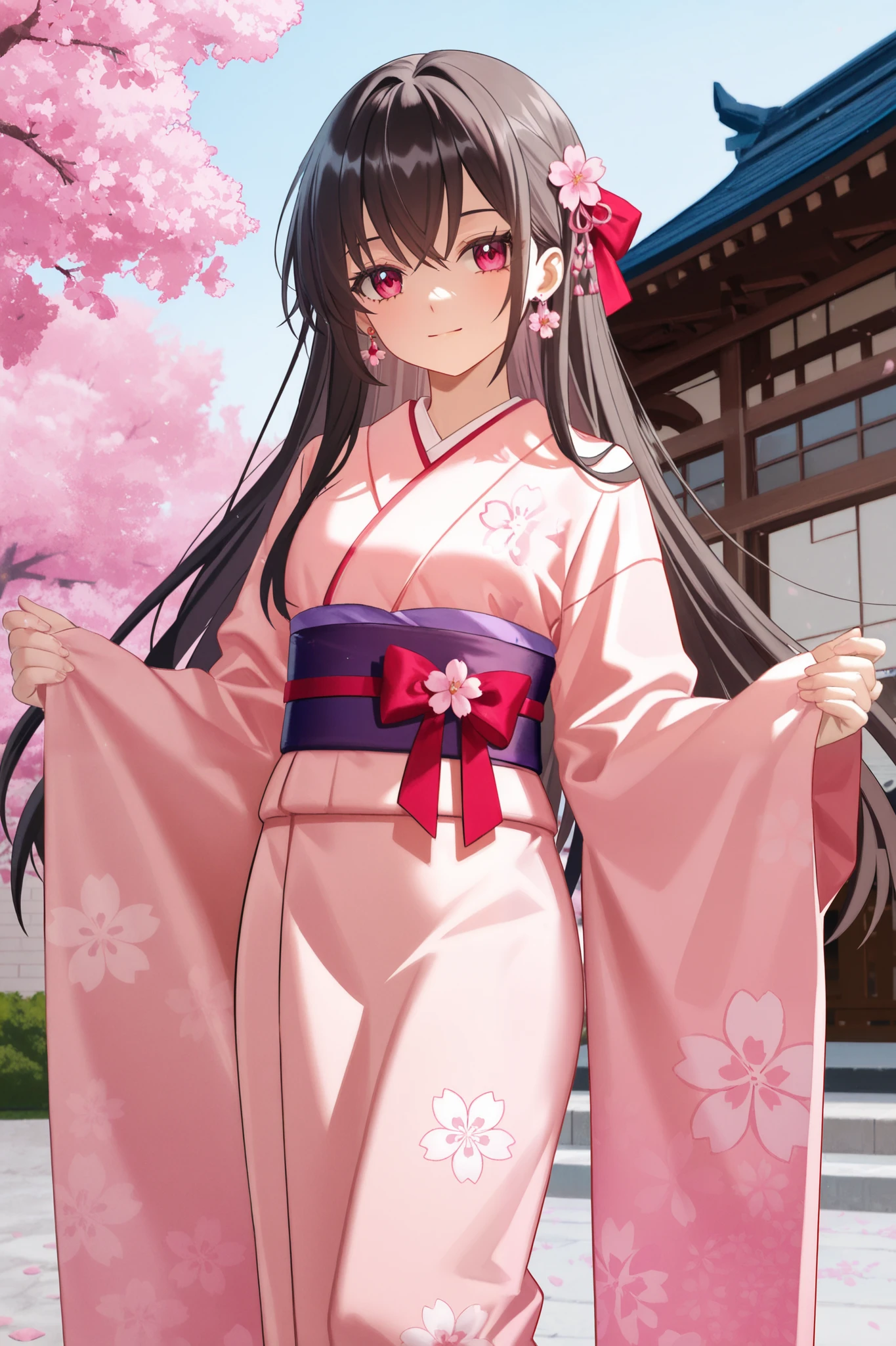 Anime girl in kimono standing in front of a building with long straight hair and hair accessories, wearing a traditional pink kimono with floral patterns and a purple sash, red bow and pink flower earrings as accessories, standing pose, outdoor background with cherry blossom trees and traditional buildings, soft natural lighting, peaceful and peaceful atmosphere.
Painted by anime painting studio, sakimi chan, kawaii realistic portrait, smooth anime CG illustration, created by anime painter studio, beautiful anime portrait, Gu Weizi style artwork, Shikami, anime moe art style, visual novel CG, cherry blossom petals surrounding her
