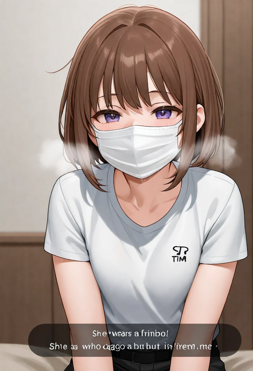 masterpiece, best quality, 1girl, brown hair, brown eyes, ponytail, short hair, sick, sad, crying, she get asthma, virus disease, acute respiratory distress, out of breath, use a health mask, both hands holding the chest, bedroom, indoor, quarantine