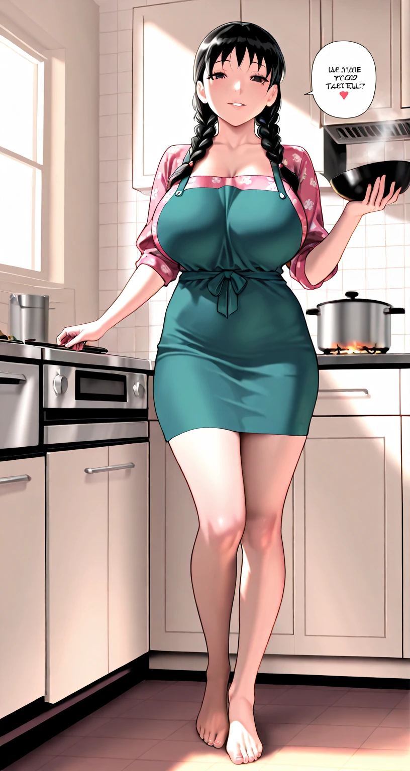 mejor calidad: 1.0), (súper alta resolución: 1.0), 1girl, mature female,long pink hair, housewife, chubby belly, tall, green shirt, blue jeans, red lipstick, prominent lips, gentle smile, Big breasts, saggy breasts, curvy, Big ass, kitchen