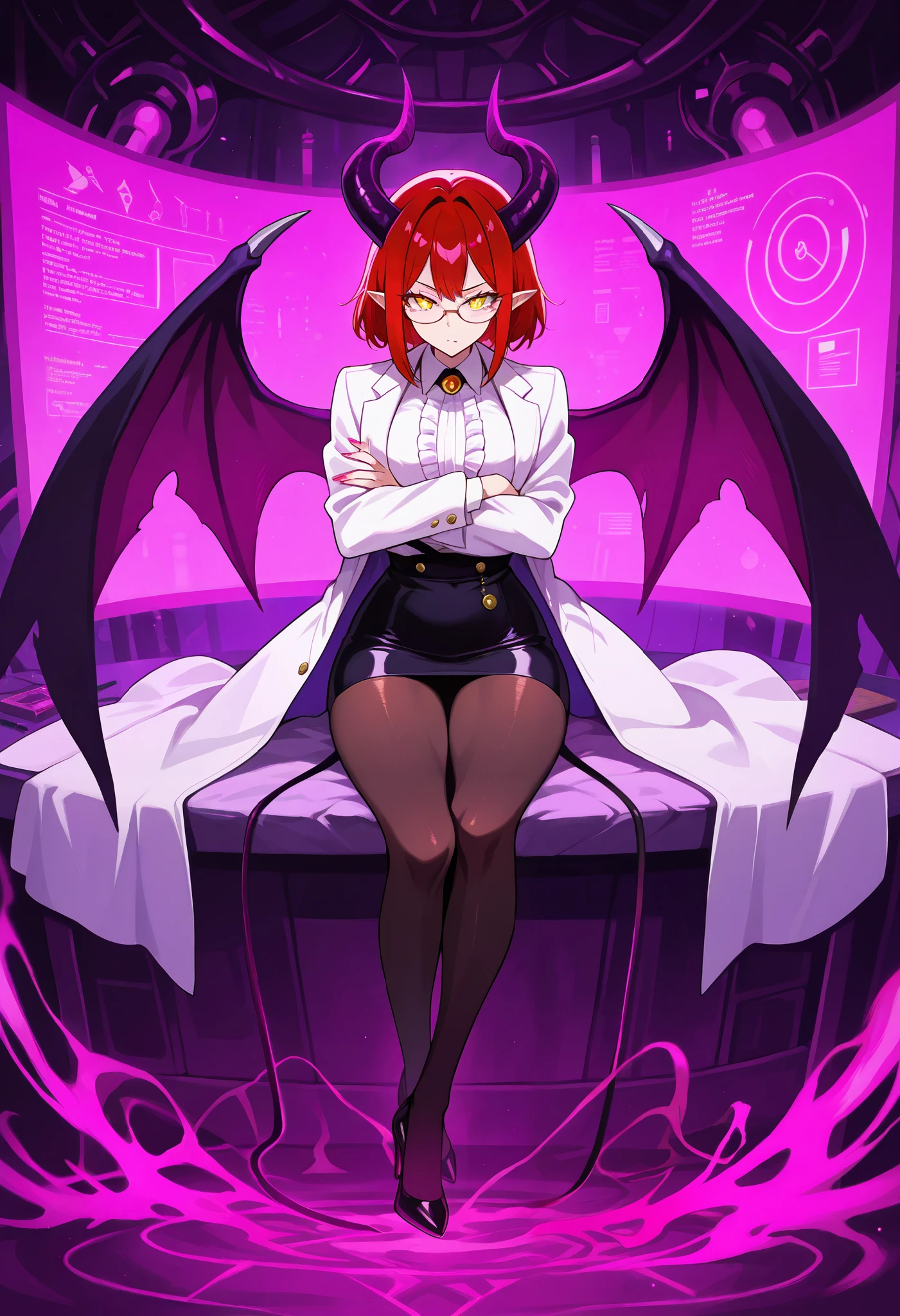 Anime-style illustration of a succubus scientist, with soft features and vibrant colors. She has short curved horns and long vibrant red hair, with messy, flowing threads that fall dramatically, highlighting the intense tone of the color. Her eyes are bright yellow with feline pupils, and her black wings are folded behind her. Your body is curvy, soft skin and a serious and focused expression. She wears an open white coat, revealing a tight, low-cut blouse, a tight black pencil skirt, thin tights and high heels. Thin glasses rest over her nose, and she wears laboratory gloves. The setting is a futuristic laboratory with cool tones, holographic screens, test tubes and advanced equipment. Small demonic details, as subtle arcane symbols and ethereal smoke, blend with the environment . Her pose is elegant and imposing, with arms crossed or resting on the waist, conveying confidence and mystery