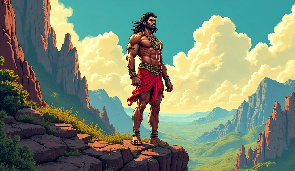 in cinimatic cartoon style''Lanka with its towering golden palace should be visible. Once in Lanka, Hanuman is depicted searching for Sita in the lush Ashok Vatika, surrounded by dense greenery and colorful flowers''