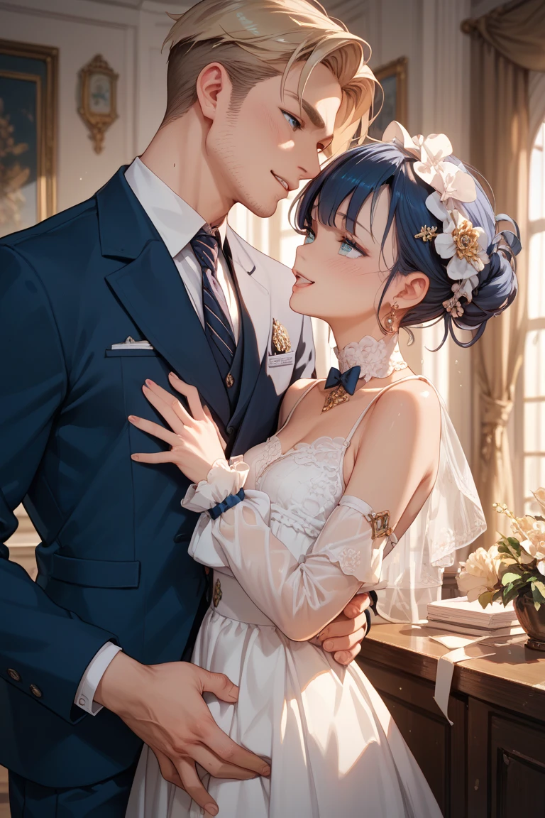NSFW,masterpiece,Highest quality,High resolution,Super detailed,Star Town Suisei\(Hololive\),Blue Hair,One Side Ponytail,Blue Eyes,Small breasts,(High-quality see-through dress,silk),Estrus,smile,blush,(Sweat),Luxurious Room,Party Venue,chandelier,(Middle-aged men),A man puts his hands on her waist and hugs her,Having sex,Insert,Creampie,heart,Being spoiled,Physical contact,kiss