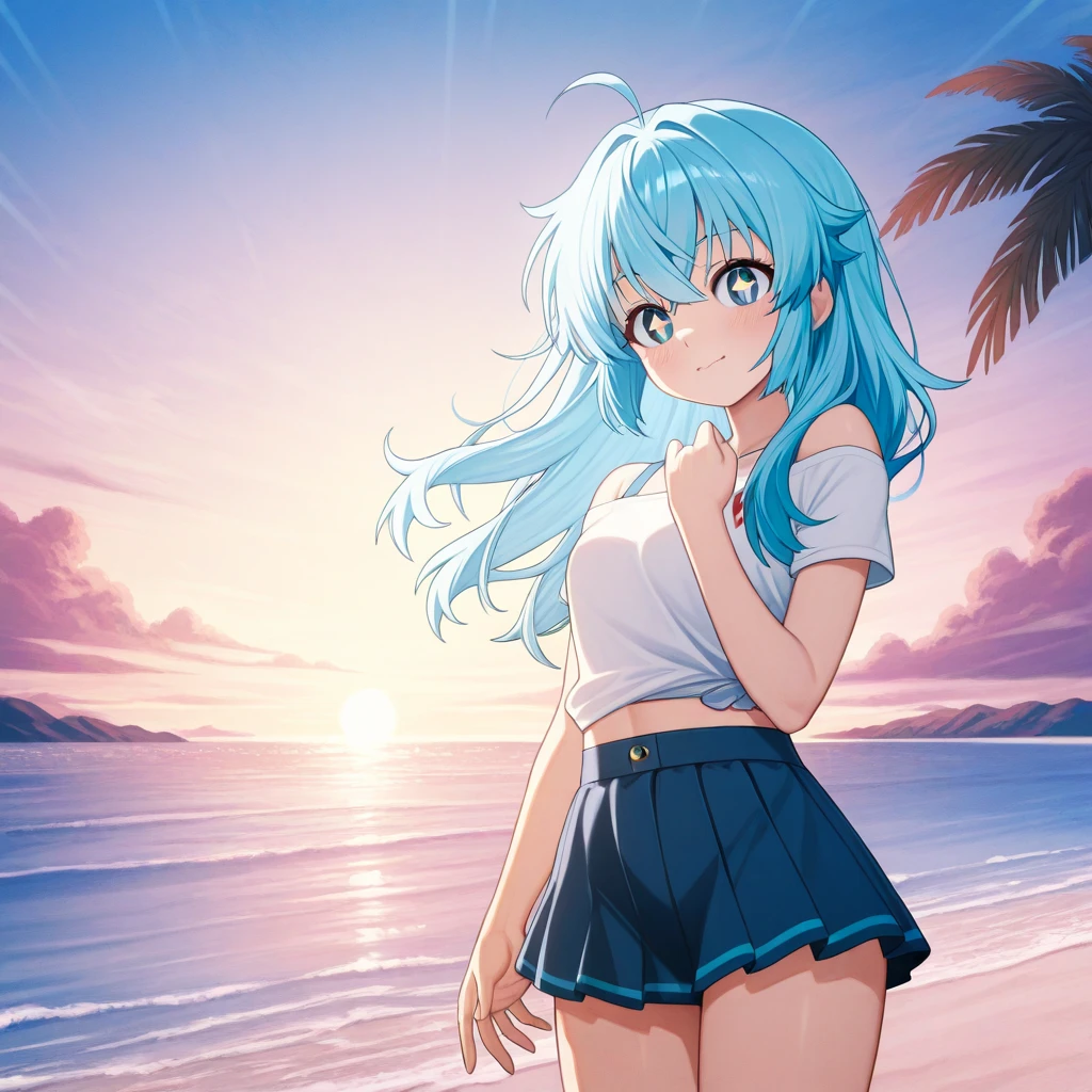 Anime illustrations in the style of "Kyoto Animation", highest quality, (cute: 1.1), (cute), (high resolution: 1.2), incredibly ridiculous: 1.3, incredibly fine illustrations, break 1 beautiful girl, Solo, (heterochromia, light blue eyes and light green eyes), silhouette of star eyes, solo, standing figure, troubled face, princess eyes, big breasts, break, left side tail, light blue hair, semi-long hair, cute star hair ornament, blue school swimsuit, shirtless, Hiding breasts with hands, sand, sea, wind, running, clear weather, flying black lace panties