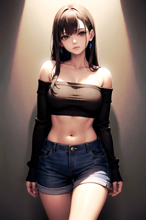 night, long blunt bangs, dark, blue cutoff jeans, Woman, (emo, gothic, dark), dark clothing, portrait, standing,