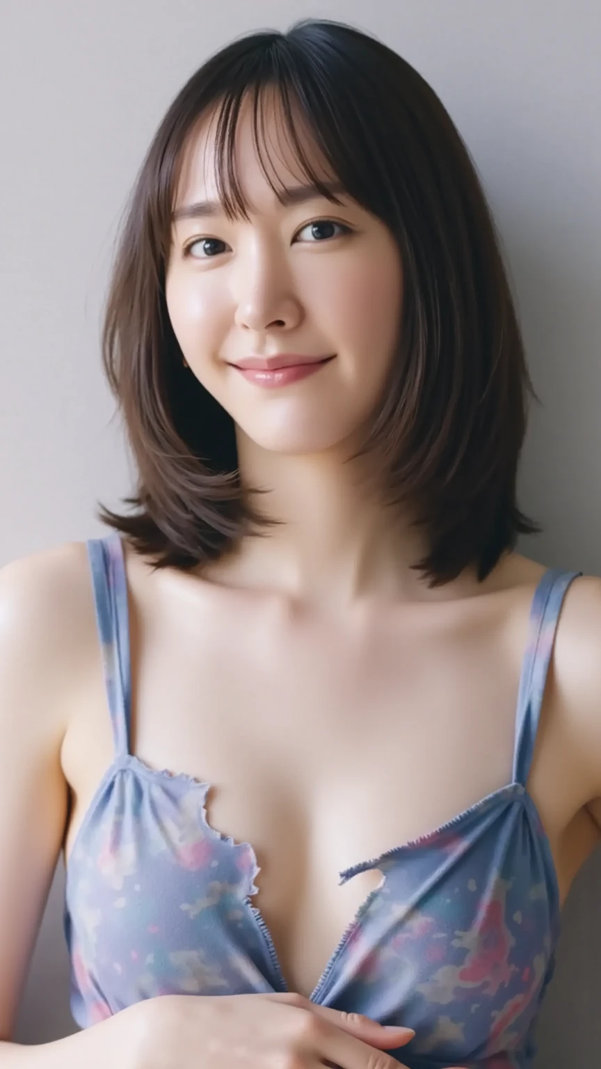 ((Highest quality, 8k, Tabletop:1.3))、Beautiful mature woman、Japanese(40 years old)、Mature Woman((lingerie)). Random color tank top:1.2(Leaning forward)).(Huge breasts).(smile:1.15)、Highly detailed face and skin texture、White groundless background、Hands down and chest together pose、Double、Big beautiful eyes