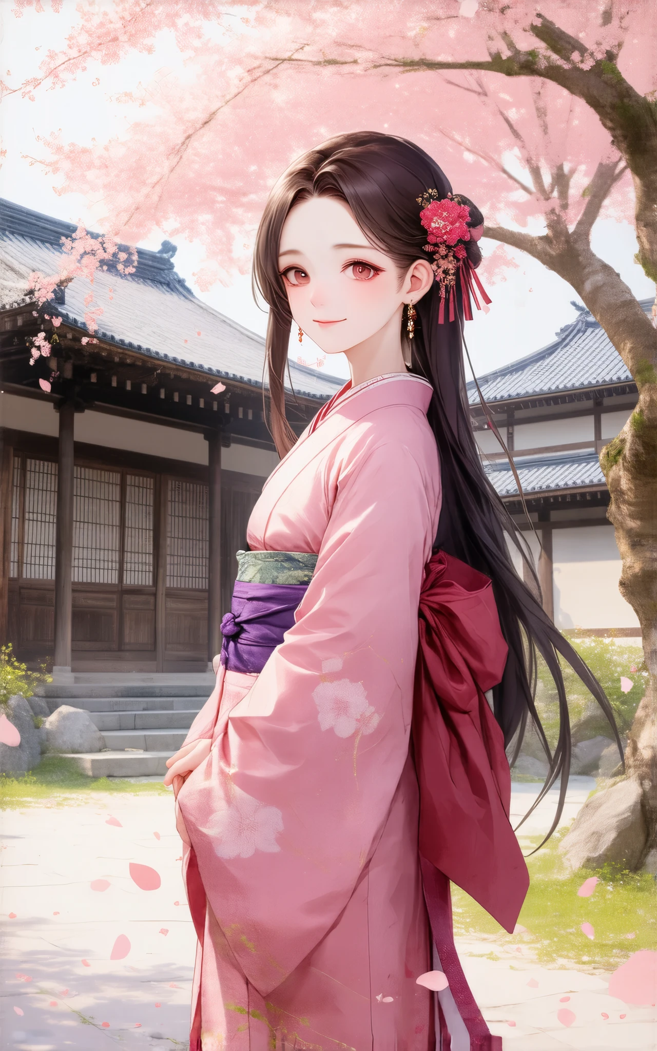 Anime girl in kimono standing in front of a building with long straight hair and hair accessories, wearing a traditional pink kimono with floral patterns and a purple sash, red bow and pink flower earrings as accessories, standing pose, outdoor background with cherry blossom trees and traditional buildings, soft natural lighting, peaceful and peaceful atmosphere.
Painted by anime painting studio, sakimi chan, kawaii realistic portrait, smooth anime CG illustration, created by anime painter studio, beautiful anime portrait, Gu Weizi style artwork, Shikami, anime moe art style, visual novel CG, cherry blossom petals surrounding her