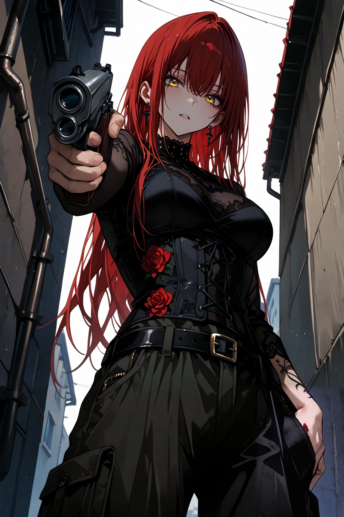 Killer Woman (medium breasts)、Red hair, long hair, golden eyes, standing, tattoos cover her body, rose tattoos, Lace-up corset, cargo pants with side pockets、standing、Holds a gun, pointed at the viewer, aiming at the viewer, (Super detailed hair over the shoulders), Best quality、Highest quality、Accurate and detailed drawing、Accurate five fingers、Delicate and dynamic, solo, low angle shot, Dark alley, cold facial expression, finger on trigger,dark night
