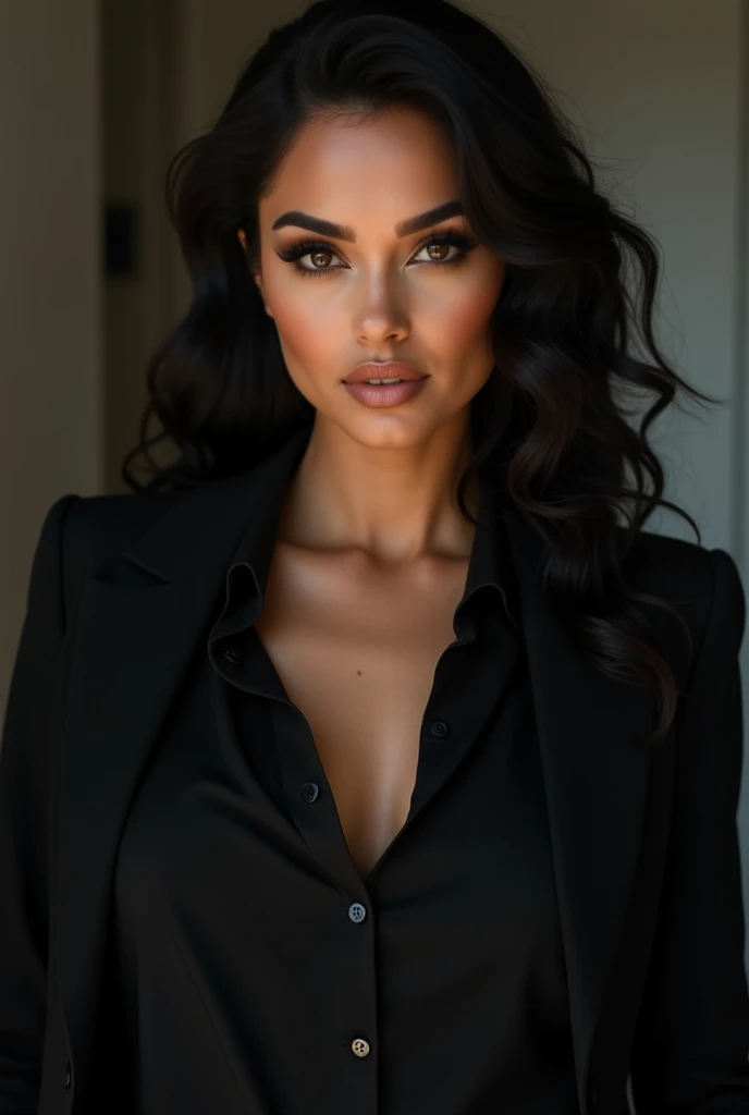 beautiful latina woman, detailed face, beautiful detailed eyes, beautiful detailed nose, beautiful detailed lips, extremely detailed face, slender figure, work dress, prominent nipples, full body shot, high quality, 8k, realistic, photorealistic, ultra-detailed, sharp focus, vivid colors, studio lighting, professional photography, elegant, fashionable, sensual