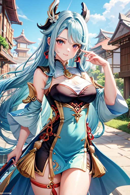 a picture of a girl with long hair and a blue dress, zhongli from genshin impact, guweiz, inspired by Cao Zhibai, keqing from genshin impact, cushart krenz key art feminine, zmonzheng, artwork in the style of guweiz, nezha, cushart kenz