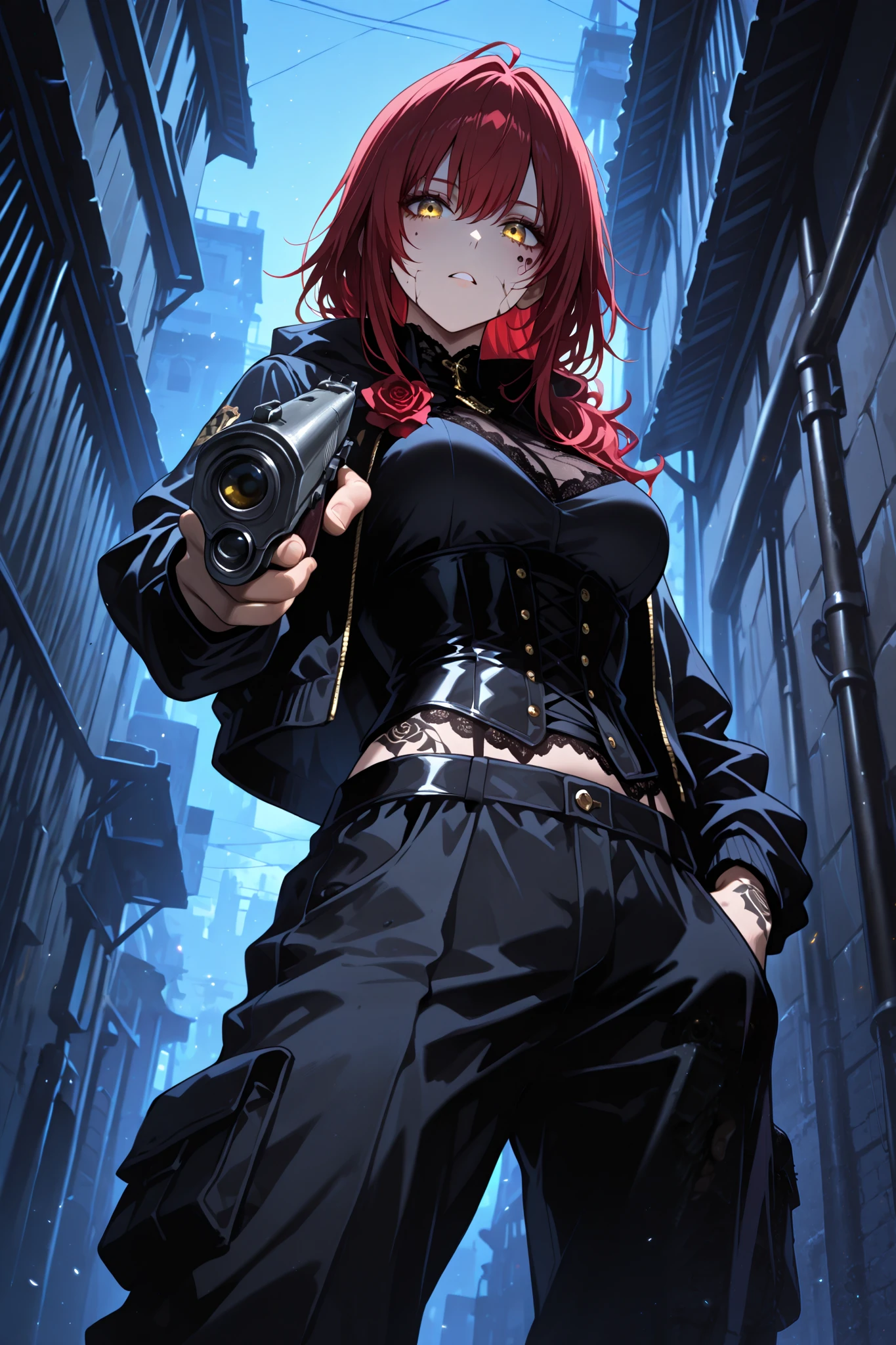 Killer Woman (medium breasts)、Red hair, long hair, golden eyes, standing, tattoos cover her body, rose tattoos, Lace-up corset, cargo pants with side pockets、standing、Holds a gun, pointed at the viewer, aiming at the viewer, (Super detailed hair over the shoulders), Best quality、Highest quality、Accurate and detailed drawing、Accurate five fingers、Delicate and dynamic, solo, low angle shot, Dark alley, cold facial expression, dark night , clear face