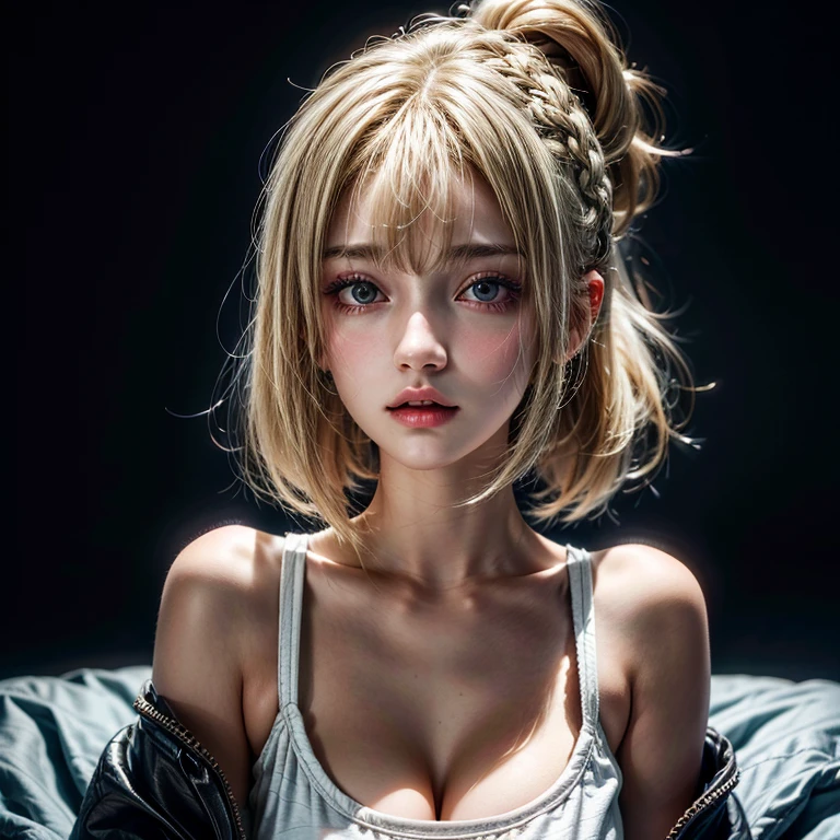 a 20 yo woman, blonde,Big,Small man's waist and long legs (High top fade in and out:1.3), dark theme, soothing tone, pastel colors, high contrast, (natural skin texture, Surrealism, soft light, sharp)
