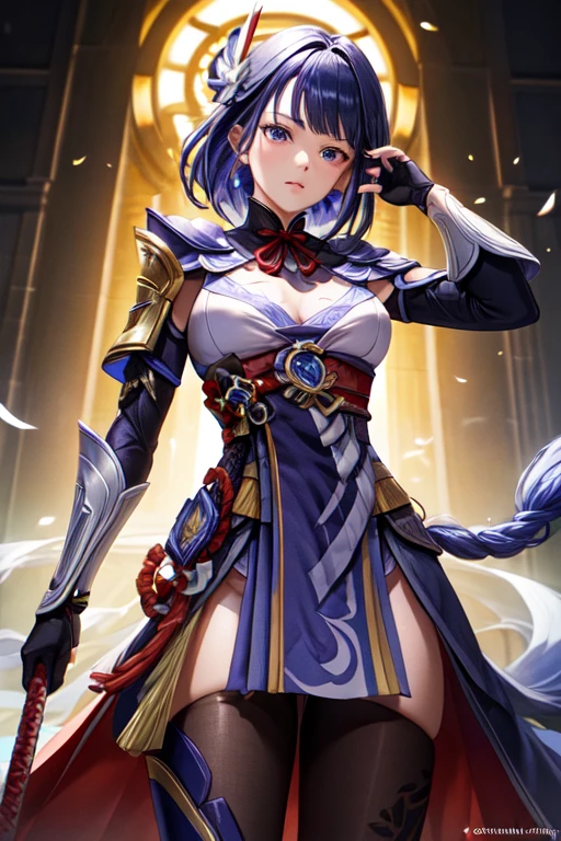 RivenSBXL, blue eyes, white hair, short hair, hair over one eye, sidelocks, single horn, hair ornament, pointy ears, medium breasts, black choker, collar bone, single bare shoulder, cleavage, white kimono, purple sash, multicolored sash, purple elbow gloves, fingerless gloves, purple pants, asymmetrical clothes, greaves, purple sandals, SakimiStyle