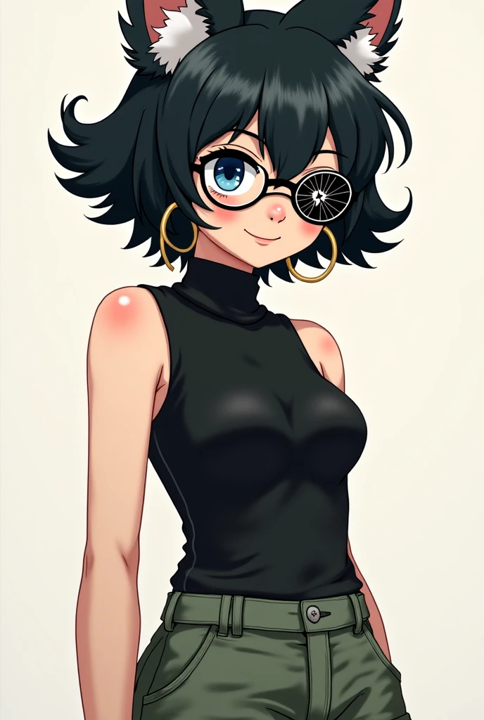 Anime style, Masterpiece, best quality, 1girl, solo, 23 years old, adult, white and black hair, wolf cut hair, asymmetrical hair, ahoge, very short hair, green eyes, medium breasts, fit, 167cm, pale skin, gold circle framed glasses, smug grin, baggy black crop top shirt, black jean shorts, midriff peek,