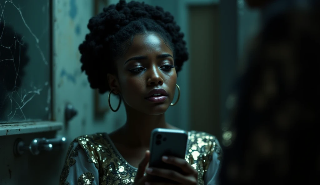 Black woman sitting on a bed holding an iPhone in her left hand and staring at her phone screen, vestida com roupas interiores, the room is dark with purple neon light, a luz da lua entra pela janela em noite clara, reu face is perfect and proportional