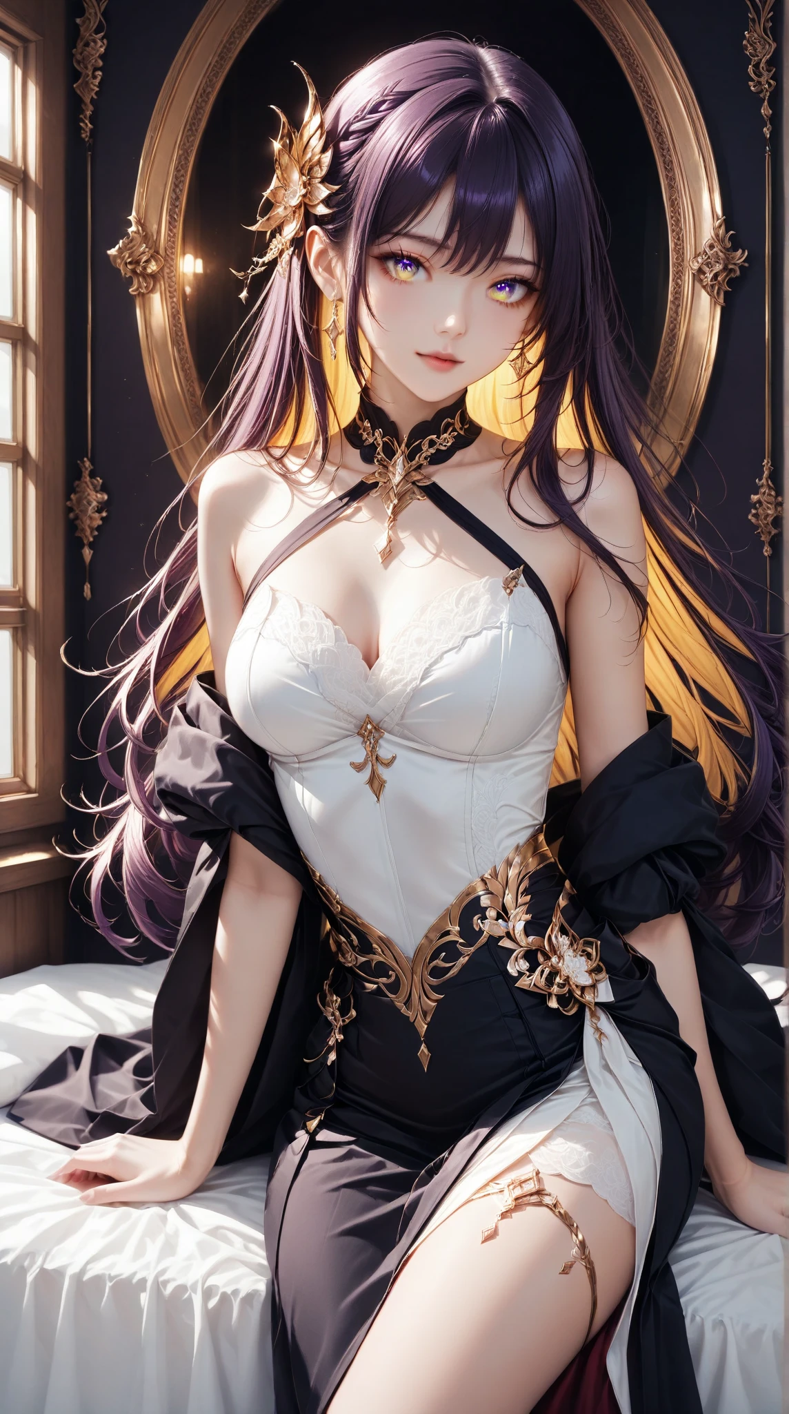 (1girl:1.3), (photorealistic:1.4), (masterpiece, top quality, best quality, official art), extreme detailed, highest detailed, (ultra-detailed), ((an extremely delicate and beautiful)), cinematic light, contemporary, 1girl, solo, long hair, pantyhose, red hair, bangs, high heels, white pantyhose, looking at viewer, bare shoulders, thighband pantyhose, black footwear, forehead mark, parted bangs, dress, ass, floating, yellow eyes, very long hair, sidelocks, breasts, full body, panties under pantyhose, facial mark, thighs, pointy ears, orange eyes, sitting, hair ornament