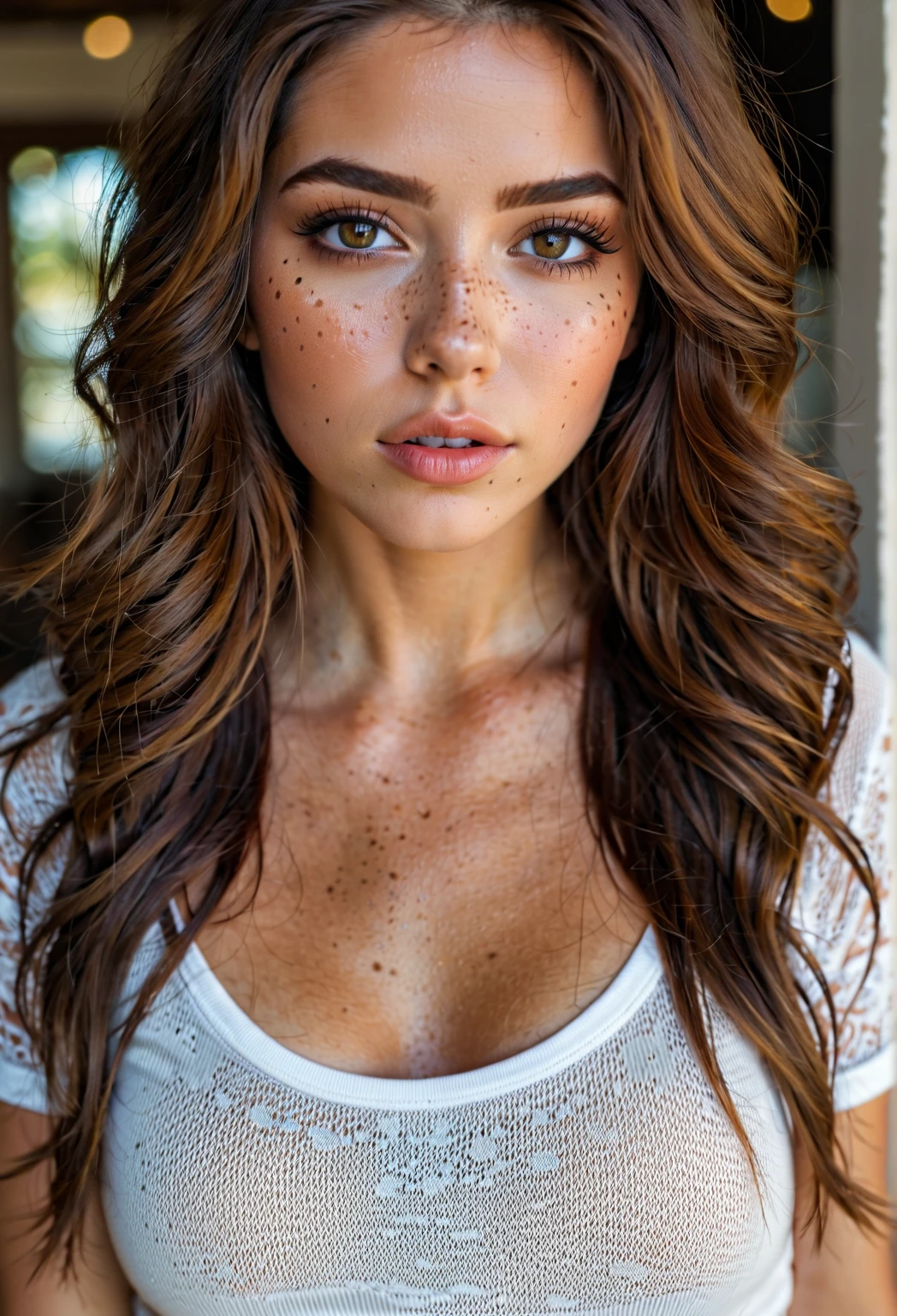 Young woman with fair skin, black shirt, adorned with freckles on her cheeks, Full body photography, displays an athletic figure. The ultra-realistic photograph, taken with a high-fidelity camera, captures every intricate detail of her skin texture, the vibrant color and natural curls of her red-brown hair, and the captivating depth of her brown eyes. Her curly locks cascade down in luscious waves, each strand shimmering under the soft, natural light. The freckles on her cheeks add a charming touch to her flawless complexion, giving her a youthful and playful look. She is wearing a low-cut yelow dress, she has big breasts, she is taking a selfie.
