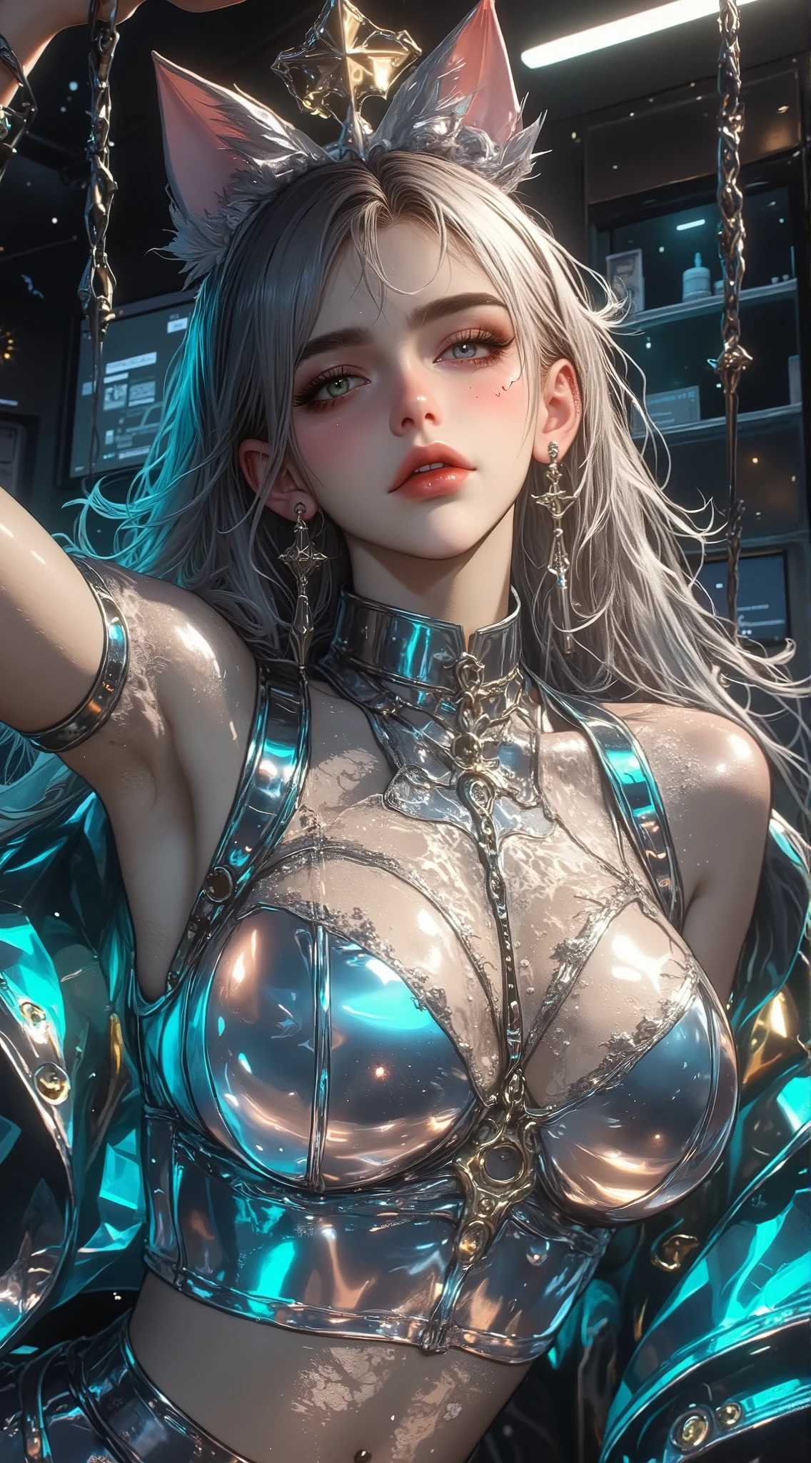 ((((Shiny silver accessories)))), ((((In the storm where thunder shines)))), ((((wet and glowing skin)))), (((Silver Hair))), ( backlit), ((Super wet skin)), ((Fluorescent color)), (((In-depth images))), brunette girl, big Smile, super beautiful glowing eyes、hanging from the ceiling with his arms tied with a rough rope、sweat、The rope bound her body、wet body、 Legs Hanging from Shackles 、 and a large amount of fluid flows out of your crotch、 One leg is suspended on top with a rough rope 、tied with a rope、Tightly bound、My hands are tied、 legs hanging in restraints (8K, live shooting , Highest Image Quality, masterpiece: 1.4), Ultra-fine mesh, (Realism, photorealistic: 1.48), masterpiece、best quality、Super Detail、8K、Detailed light、 detailed shadows 、Raw、(Detailed skin)、(Realism: 1.2)、18 years old、long hair、lace underwear、In the torrential rain, masterpiece, best quality, 超high resolution, (realistic:1.4), beautiful face in every detail, High Quality Clothing, (masterpiece:1.3), (8k、Best Quality:1.4), (top quality, high resolution), (1 girl:1.3), (alone:1.3), ( Mizuki Yukikaze), (hair bow, Frill collar , Blog, One Piece Tan, sleeves apart , corset before dildos insertion, frills, heart cutout, micro panties, bridal garter, high heels), ( 完璧なversus称的な顔), Beautiful eyelashes, (Nose blush:1.3), (flat chested:1.4), ( beautiful thighs), ((Accurate Arm, sex, Accurate legs)), (perfect anatomy), sunburn, wheat-colored skin, ( High Detail Skin : 1.2), dynamic angle, (Midnight Metropolis , decadent and futuristic urban area ). ( Advanced Future Cars ), (cyberpunk background, Blade Runner), volumetric lighting, bright color, (hair bow, elbow bag, fingerless gloves, ruffle leotard, fur trim, black leotard, Knee-length boots, versus. demon ninja suit , One Piece Tan),
