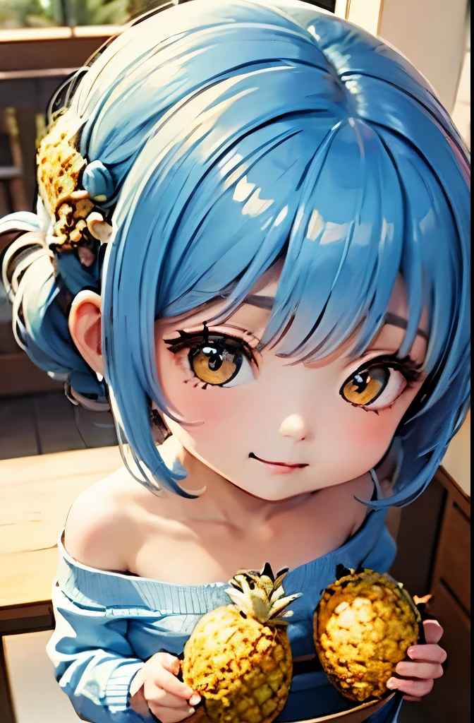nsfw、super resolution、(Chibi、Little character who likes pineapples、 Golden Eyes、light blue short chignon hair、Heavy bangs、:3、stupid hair:1.3)、multicolor braided pattern、Super Detailed、absurd、accurate focus、 Galleries、in the morning、black skirt、 Fishnet Pantyhose 、Off Shoulder、goth fashion、white background、An elementary school student with an attractive décolletage 、small chest focus、angle from above、open your mouth、