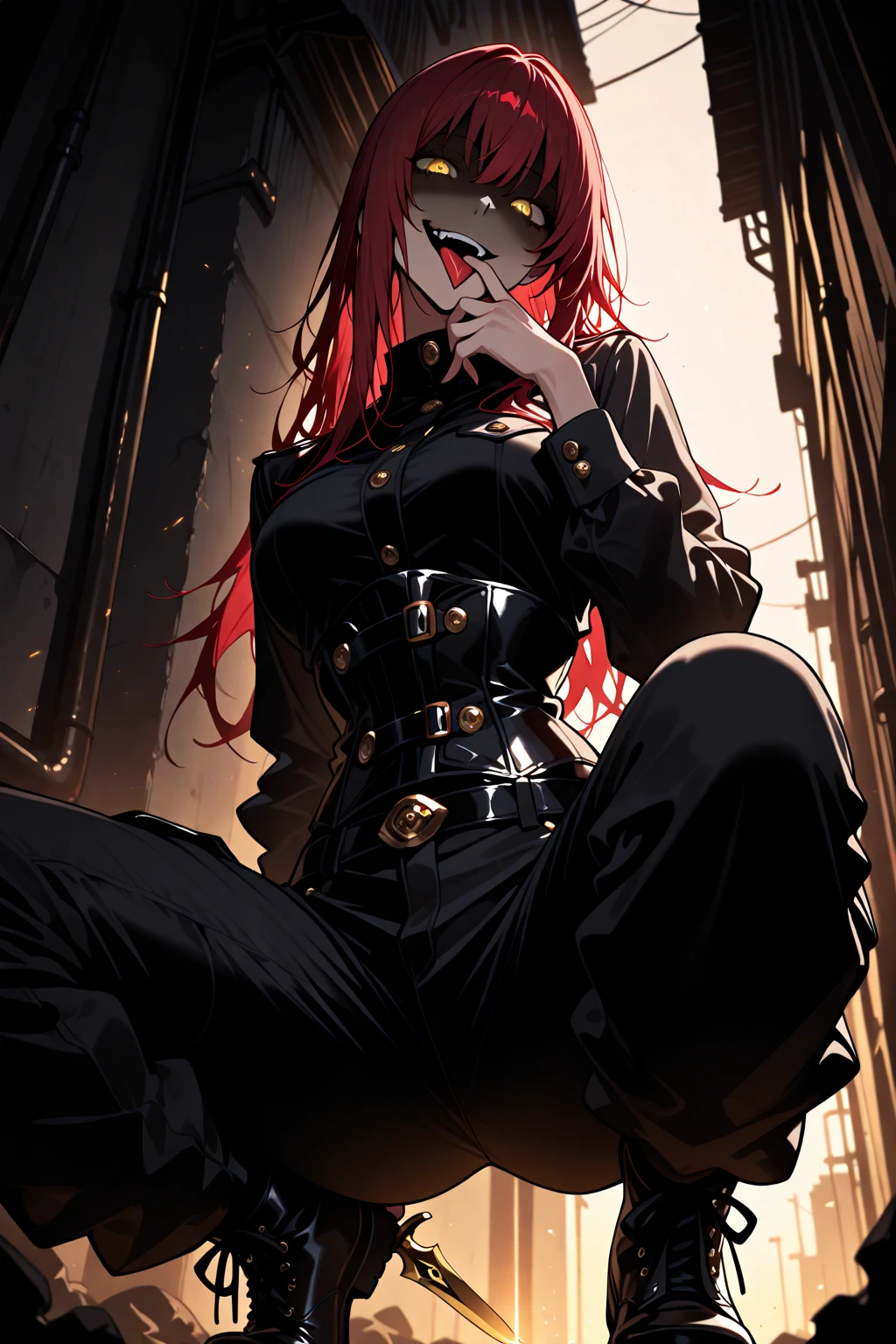 (best quality), (masterpiece), (highres), (depth of field),cyberpunk, blood,  perfect lighting, extremely detailed girl, extremely detailed face, 1 girl, beautiful detailed eyes, full body, (looking at viewer),(sharp focus) makima \(chainsaw man\), red hair, long braided hair, golden eyes, bangs, large breasts, white shirt, clevage, glowing eyes, swirl eyes, small smile, (dark background, chains:1.3), holding chain, evil, blood on face, zap , abandoned house background