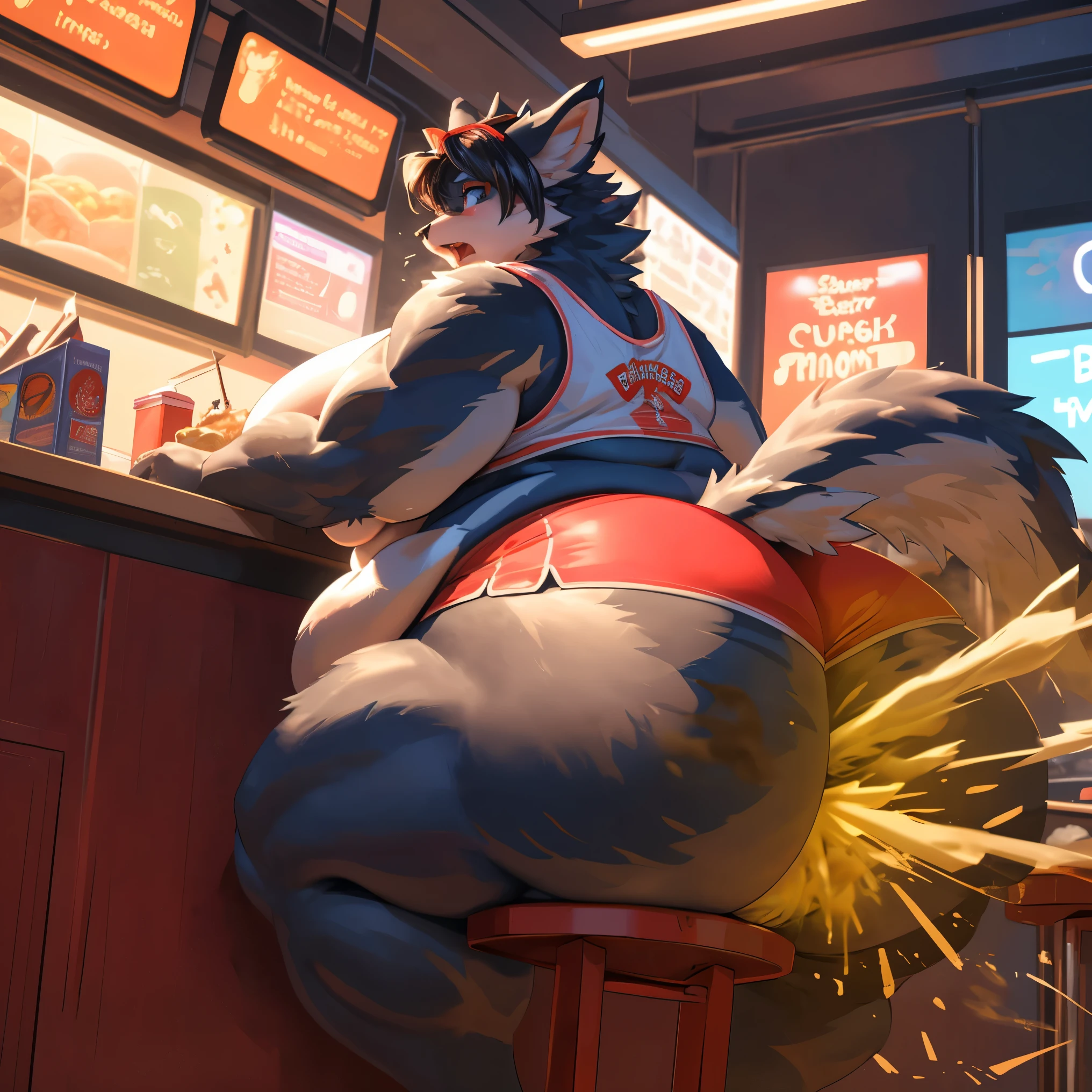 extreme low angle view A giant ssbbw furry ripping lots of massive farts out of her ginourmously fat ass as she sits and eats her mcdonalds(nsfw, 8K, Masterpiece,explicit, highly detailed, perfect lighting, light particles), (anime:1.2), detailed background,(female furry anthro:1.7), (fat, plump, thick:1.5), (huge breasts:1.5), cleavage, (huge fat ass, thick thighs:1.9), (fat arms:1.7), (farting),(burping), (she is farting alot as she sits and eats at a table), (massive loud fart gas:1.7), (massive loud burps gas:1.5), (view of ass),embarrassed, intense relief, detailed eyes, furry tail(up), (crop top, short shorts), table of a busy mcdonalds, proper anatomy, massive farts, disgusting, gassy, shocked onlookers
