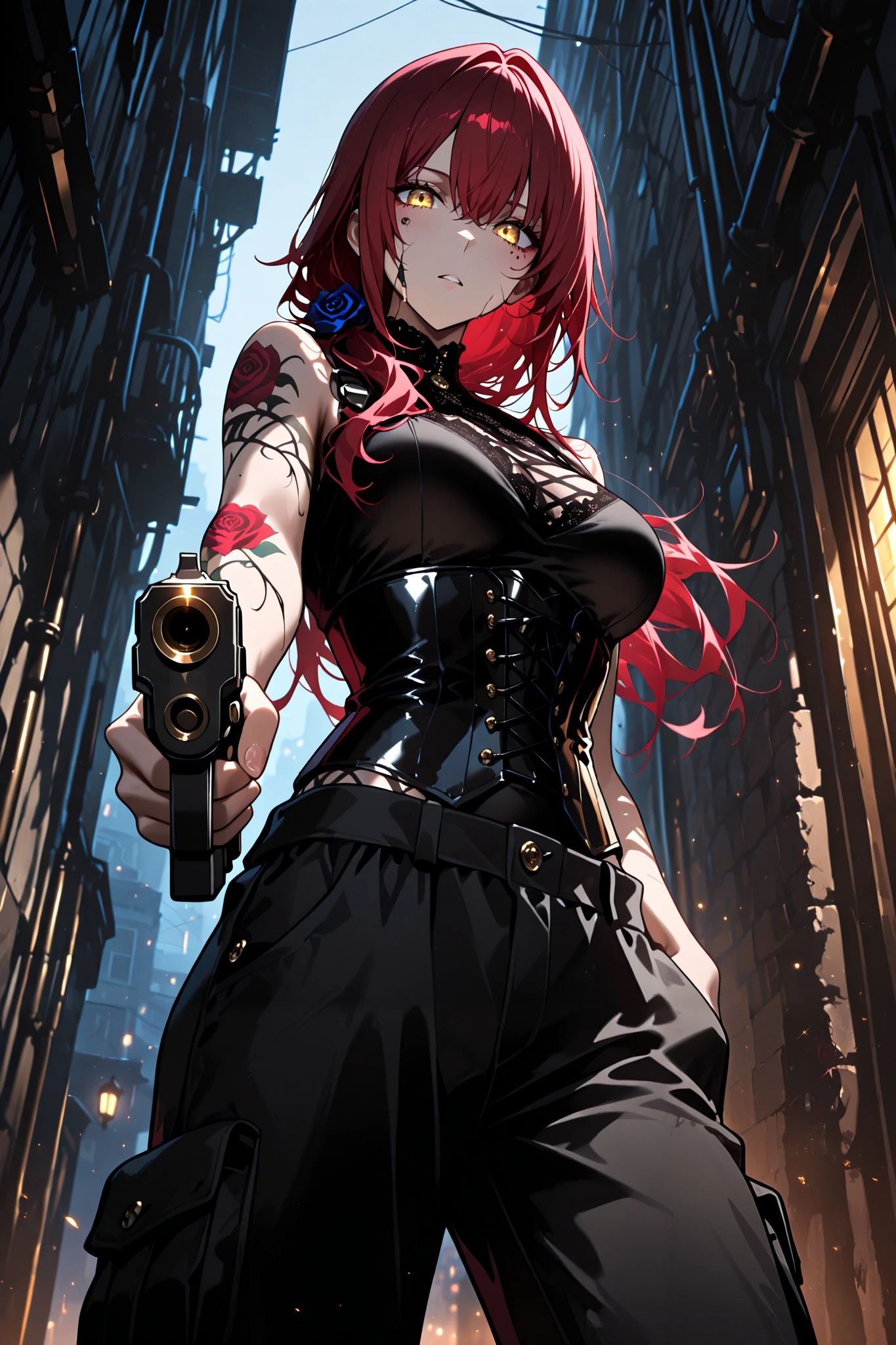 Killer Woman (medium breasts)、Red hair, long hair, golden eyes, standing, tattoos cover her body, rose tattoos, Lace-up corset, cargo pants with side pockets、standing、Holds a gun, pointed at the viewer, aiming at the viewer, (hair over the shoulders), Best quality、Highest quality、Accurate and detailed drawing、Accurate five fingers、Delicate and dynamic, solo, low angle shot, Dark alley, cold facial expression, dark night , clear face