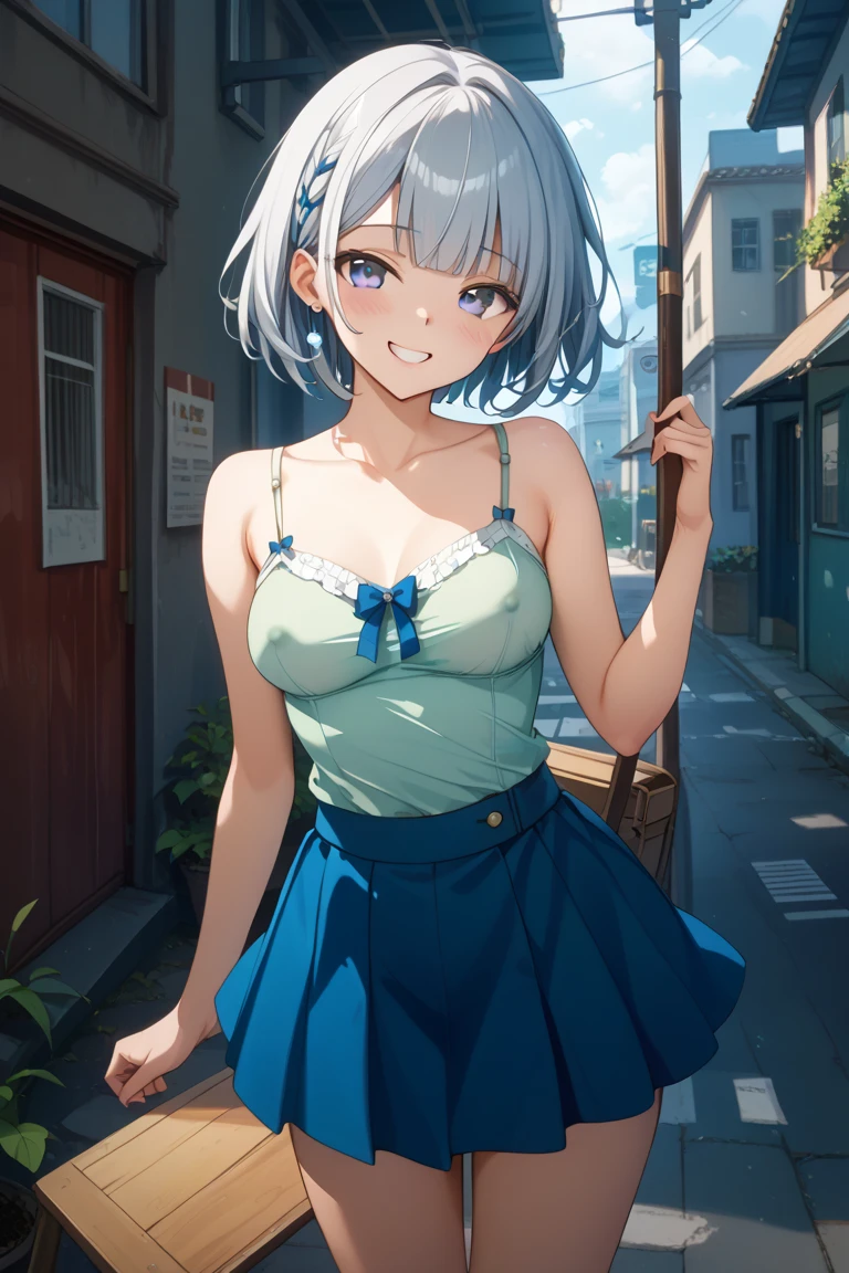 masterpiece, best quality, ffnoel, short hair, x hair ornament, green eyes, blue bowtie,smile, outdoors, cherry blossoms, standing, cowboy shot, open mouth,nude,nude,cowgirl sex