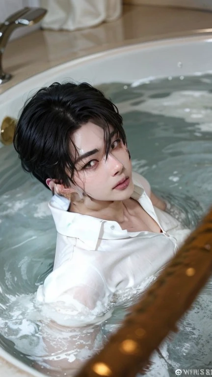 a kids boy, Korean cute face, short black hair and black eyes, naked,sperm on body, in bath,face handsome