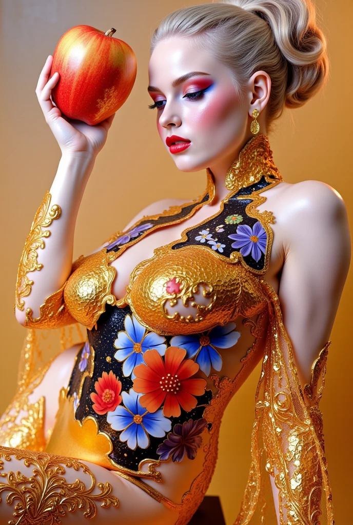 intimate full body shot head to toe face beautiful female face half encrusted with cracked red and white leaf, wavy hair, dynamic standing shot, gold splattered paint, crusty cracked cracky gold paint, dewy, steamy, gold lace bottom, thunder, painted gold, an oil painting, a masterpiece, hi res, 8 k, art by Tavita Niko, art by Vallejo, art by Klimt , Leonardo Style, close up, ball glasses mask, impressions of nudity, desire,
