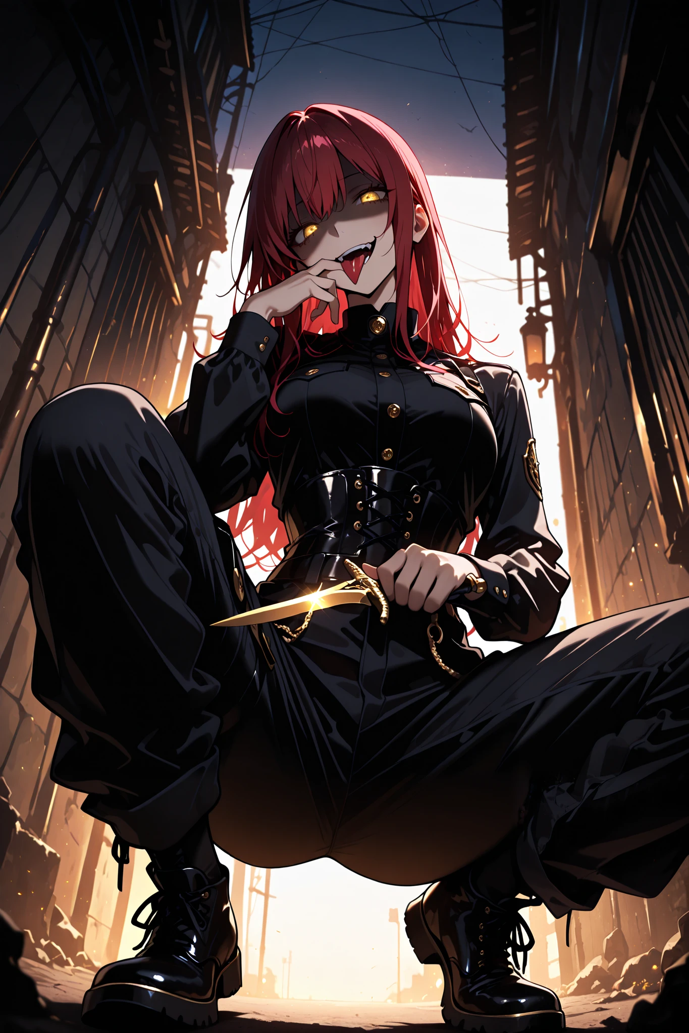 1 Woman, golden eyes, glowing golden eyes, red hair, long hair, squats, holds a dagger in her hand, holds the dagger in front of her mouth, licks the dagger with her tongue, runs the blade of the dagger over your tongue, partially shaded face , head tilt , gesugao , smirk, at night, dark night, dark alley solo, low angle shot, Lace-up corset, cargo pants with side pockets, (masterpiece , best quality) , amazing quality , very aesthetic , absurdres , newest , HDR , 8K , extremely detailed face and eyes , cinematic , professional lighting , backlighting