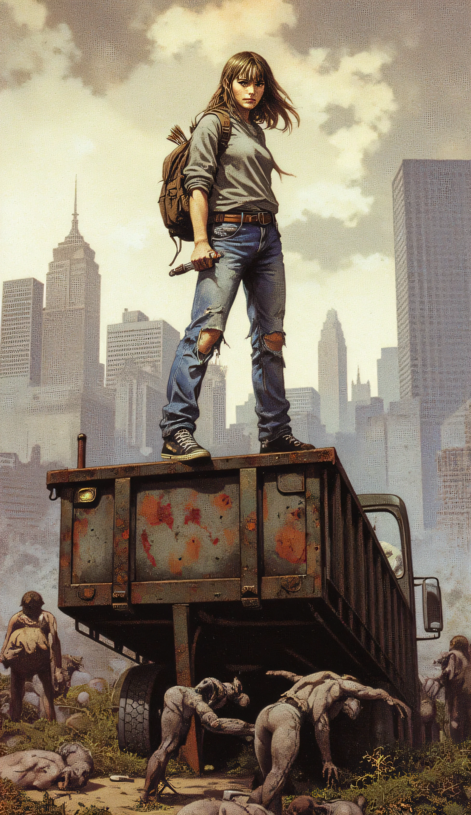Realistic post-apocalyptic illustration, in 4K quality, using a vintage analog photography style, with a high level of detail and drama. A young Caucasian woman, sun-tanned and with tousled brown hair, stands imposingly. Her expression is fierce and determined. She wears worn casual clothing: a gray sweatshirt, tight, ripped blue jeans, and black Converse sneakers. She carries a brown leather backpack full of arrows on her back. In her right hand, she holds a knife.
The woman stands on an old, dilapidated large truck trailer, buried in mud and covered in rust and moss over time. The landscape is a radioactive, uninhabited wasteland, with damp earth covered with small, dry grasses.
Surrounding the trailer, at the foot of the scene, several cordyceps-infected zombies are grouped together: (The Last of Us style) they have heard the girl and want to attack her.
In the background, skyscrapers and ruined buildings bear witness to a desolate world; burned, destroyed, and overgrown, suggesting the passage of decades since the fall of civilization. The sky is gray, cloudy, and flecked with air particles, creating an oppressive and desolate atmosphere. The cinematic lighting, with cold lights and a soft, warm light filtering through the clouds, highlights the warrior's silhouette. The image conveys a powerful message of resilience, revolution, and a new beginning in a ruined world. The view, taken from a slightly low angle, emphasizes the magnitude of the catastrophe.