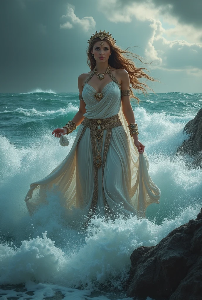dramatic mythological scene, standing out from the wavy stormy sea with waist up, sexy beautiful perfect shape, full body Greek goddess Persephone's, red long wavy hair, green eyes red lips big breast, white gold embroidered translucent airy dress, gold silver jewelry, hair body clothes wet,