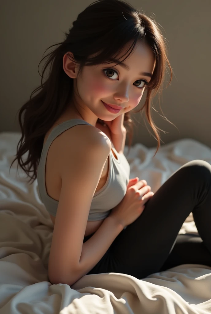 Age 35、woman brown hair 、cute 、Japanese　、Photo from the waist up　Like taking a selfie　Medium Hair　On all fours　Rear view　Place your hands on the floor　Lift your butt　Gray Calvin Klein Underwear　Selfie style