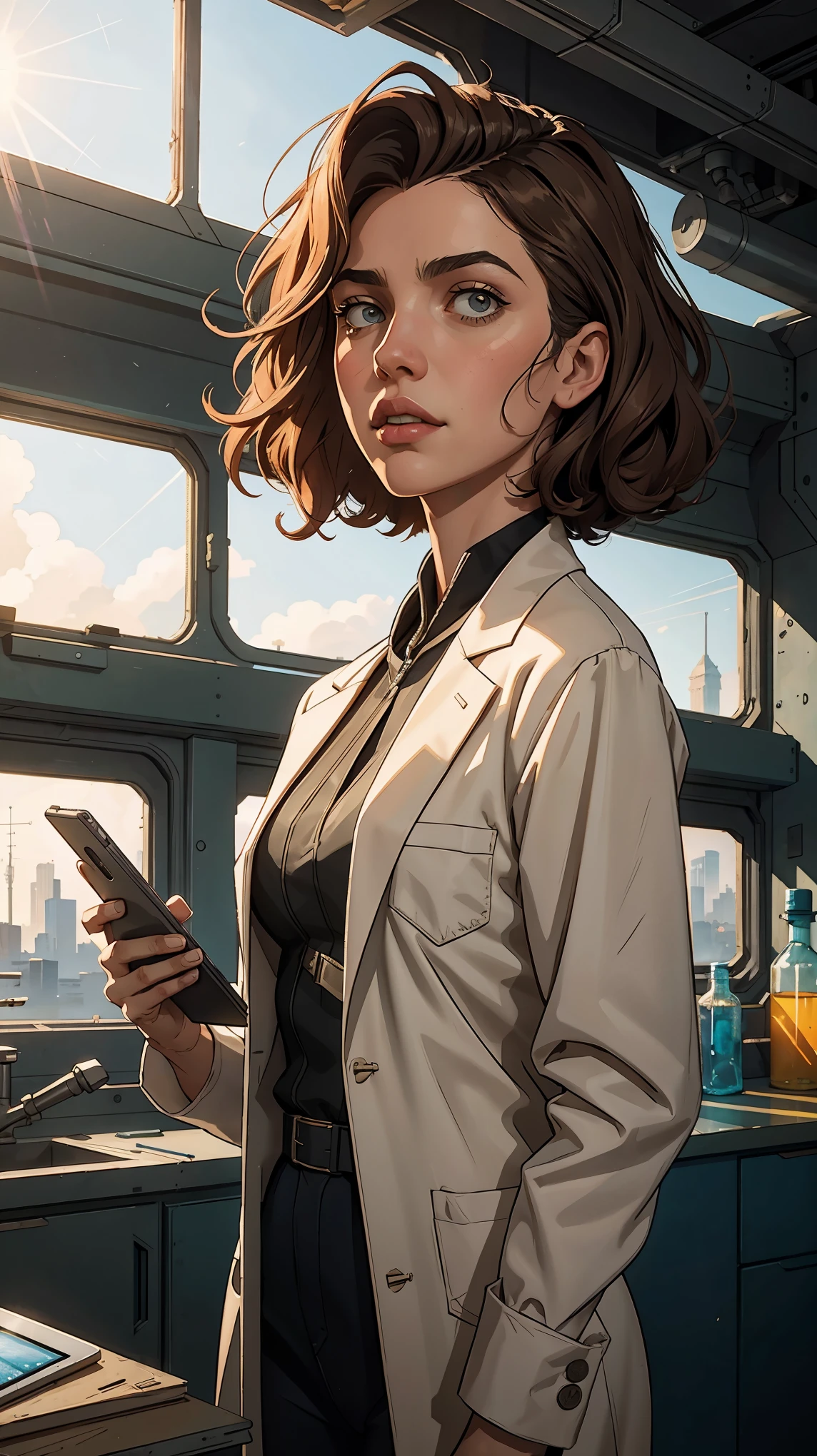 marqual, young female character in a scientist lab coat and holding futuristic tablet, medium length curly bob hair, Watercolor expressionist, disco elysium, dishonored, concept art style, dave mckeans, Warren Ellis and illustrated by Ben Templesmith, standing in a brightly lit modern engineering lab with large windows showing a daytime city skyline outside, sunlight through windows, ((upper body portrait))