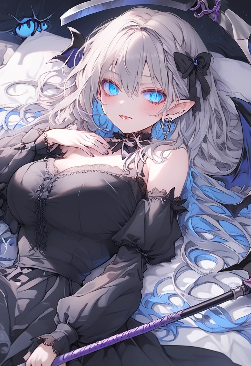 In a room of dark and mysterious hues, bathed in the silver light of the moon filtering through the velvet curtains, rests a young succubus. Her pale skin contrasts with her night-black hair, scattered around her head on the silk pillow. Her wings folded gently around her, similar to those of a bat, add a touch of strangeness to her haunting beauty. She wears a light nightgown that delicately reveals her sensual curves. Her expression is peaceful, her long eyelashes shading her delicate cheeks as she dreams in a deep, enchanting sleep. Around his bed, mystical symbols and unlit candles suggest a magical and secret atmosphere. The silence of the night is broken only by his slow, steady breathing.