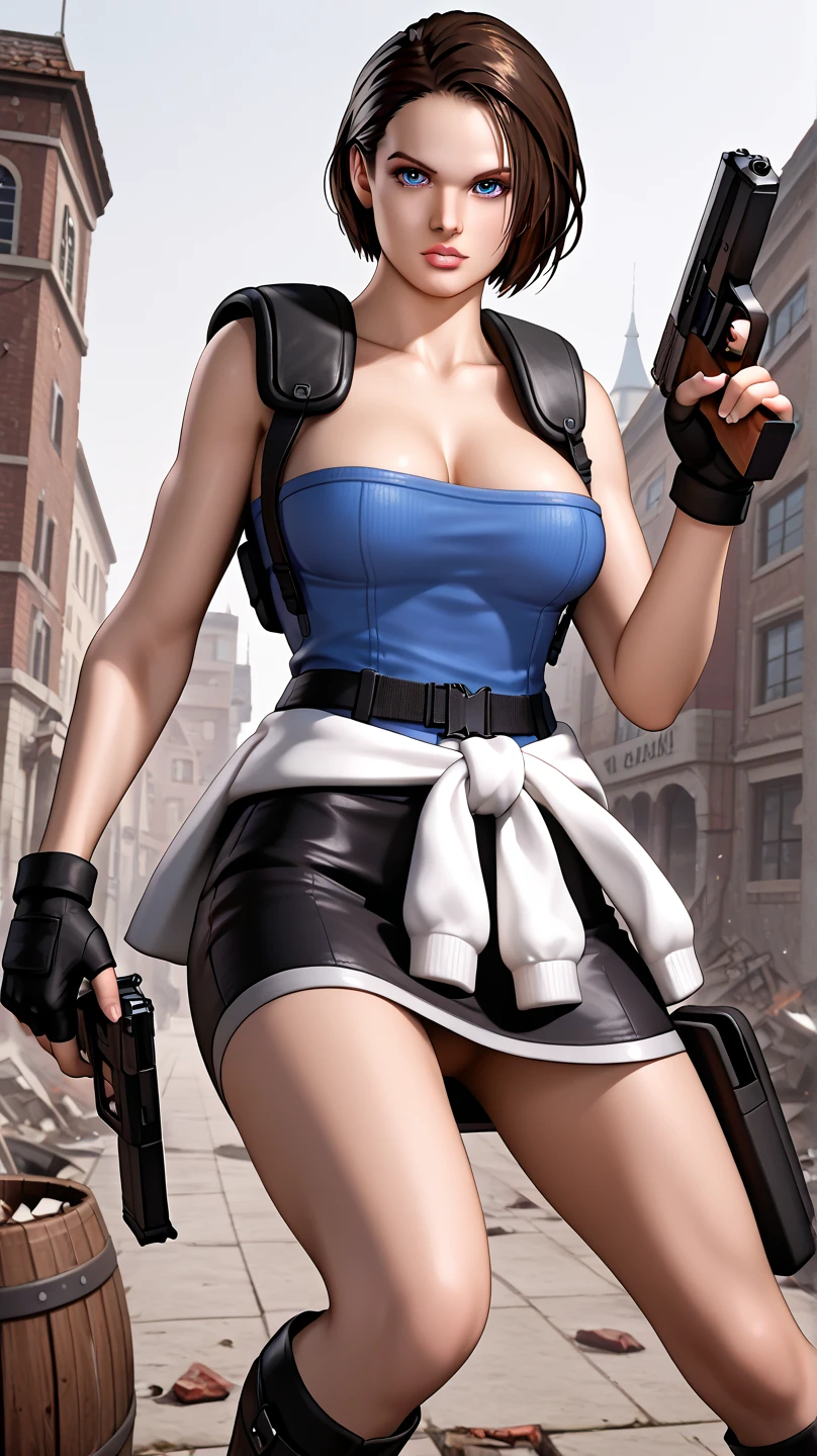 Create an image of Samus Aran with a stylish twist. She should have a ponytail secured with a hair tie, glossy lips, and earrings. Outfit her in a Team Rocket-inspired uniform featuring a white crop top with a blue letter ‘I’ on it, a white skirt, black thigh-highs, and black elbow-length gloves. She should be holding two dual mini guns, with an evil smile on her face. Position her standing confidently, like Lara Croft, with a strong and commanding pose. Set the scene against a bright daytime sky with a clear, sunlit background