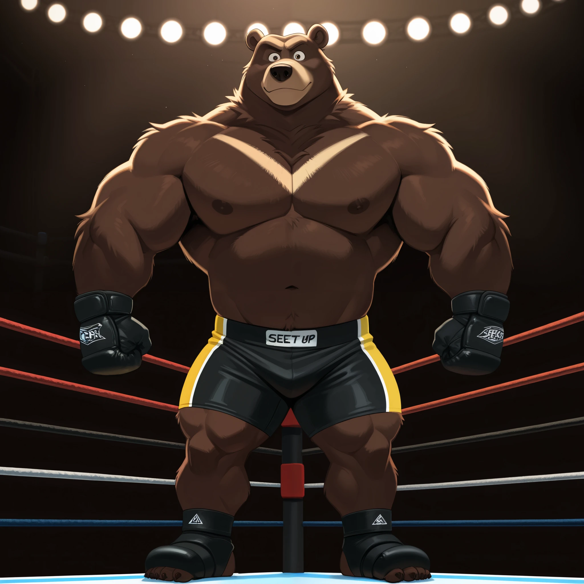 score_9, score_8_up, score_7_up, cartoon_style, ((by BodiPhantom)), 4k, 8k, The best quality, very well drawn, detailed, high quality, detailed, 4k, high resolution, high quality, high resolution, furry character, ursine, BodiPhantom, Himalayan bear, bear, boy, (sexy), thick arms, huge arms, 350lbs, (dark brown fur)), lights, fighting ring, stances, seething, standing on the caged ring, wearing black MMA shorts with green slits, MMA gloves with knuckle pads, ankle support brace,