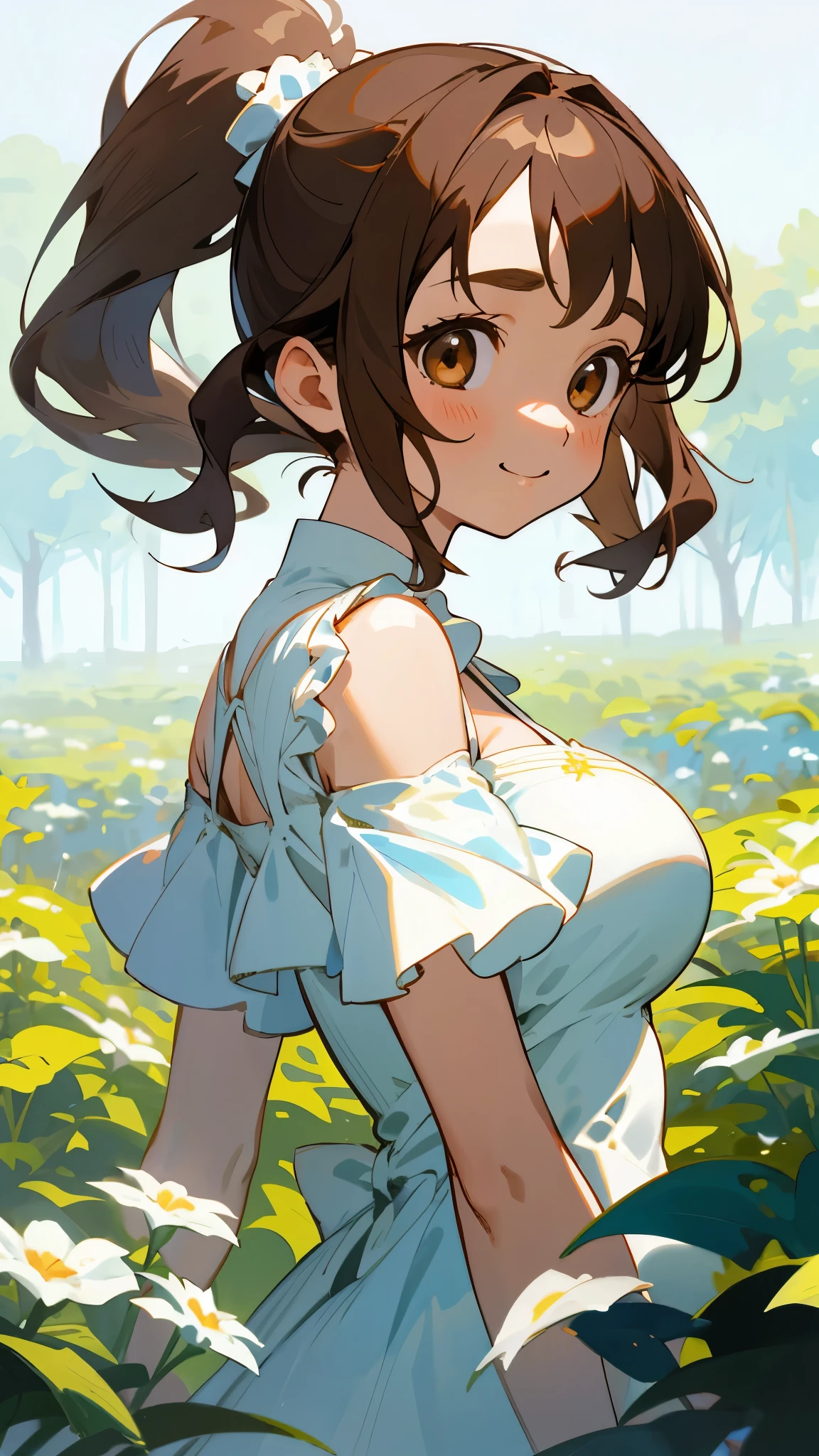 Cute girl, brown hair, pigtails, yellow eyes, wide smile, yellow dress, big breasts, short skirt, slightly tight yellow dress, exposed breasts, earth and green grass in the background