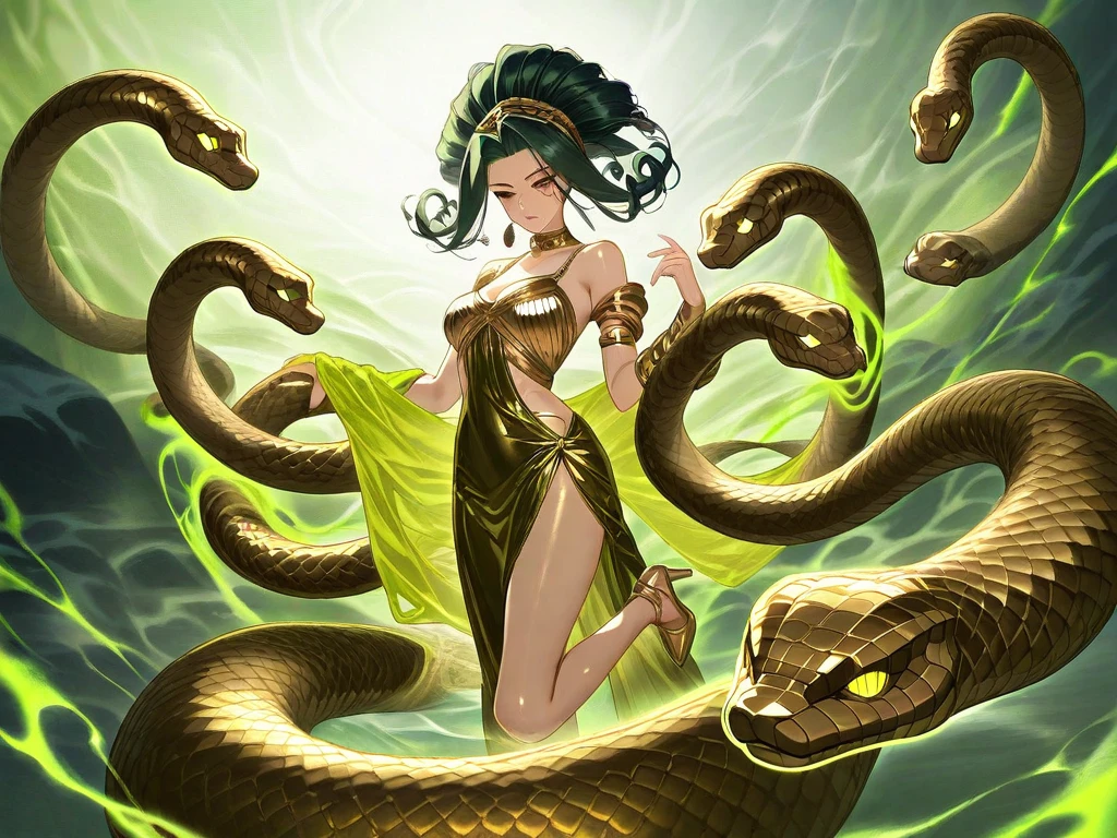 “Draw Medusa from Greek mythology based on her classical description. Portray a woman of unearthly beauty with a pale face, chiseled features and piercing eyes. Seu cabelo deve ser composto por serpentes vivas e venenosas, variando em tamanho e cor, com escamas reluzentes e olhos sinistros. Vista-a com uma veste que lembra uma armadura feita de escamas de serpentes. It has sharp claws on its hands and membranous wings on its back.. Make sure you capture the mischievous expression in his smile, while maintaining a menacing, petrifying look in his eyes. Convey your fearsome and terrifying nature in every detail.