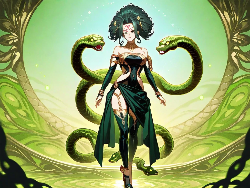 fantasy art 8k,masterpiece
pmmkr2024,best quality, trending on artstation,calm,quiet,Best quality,gorgona,medusa,snake hair,gorgona hair,green skin,snake eyes,