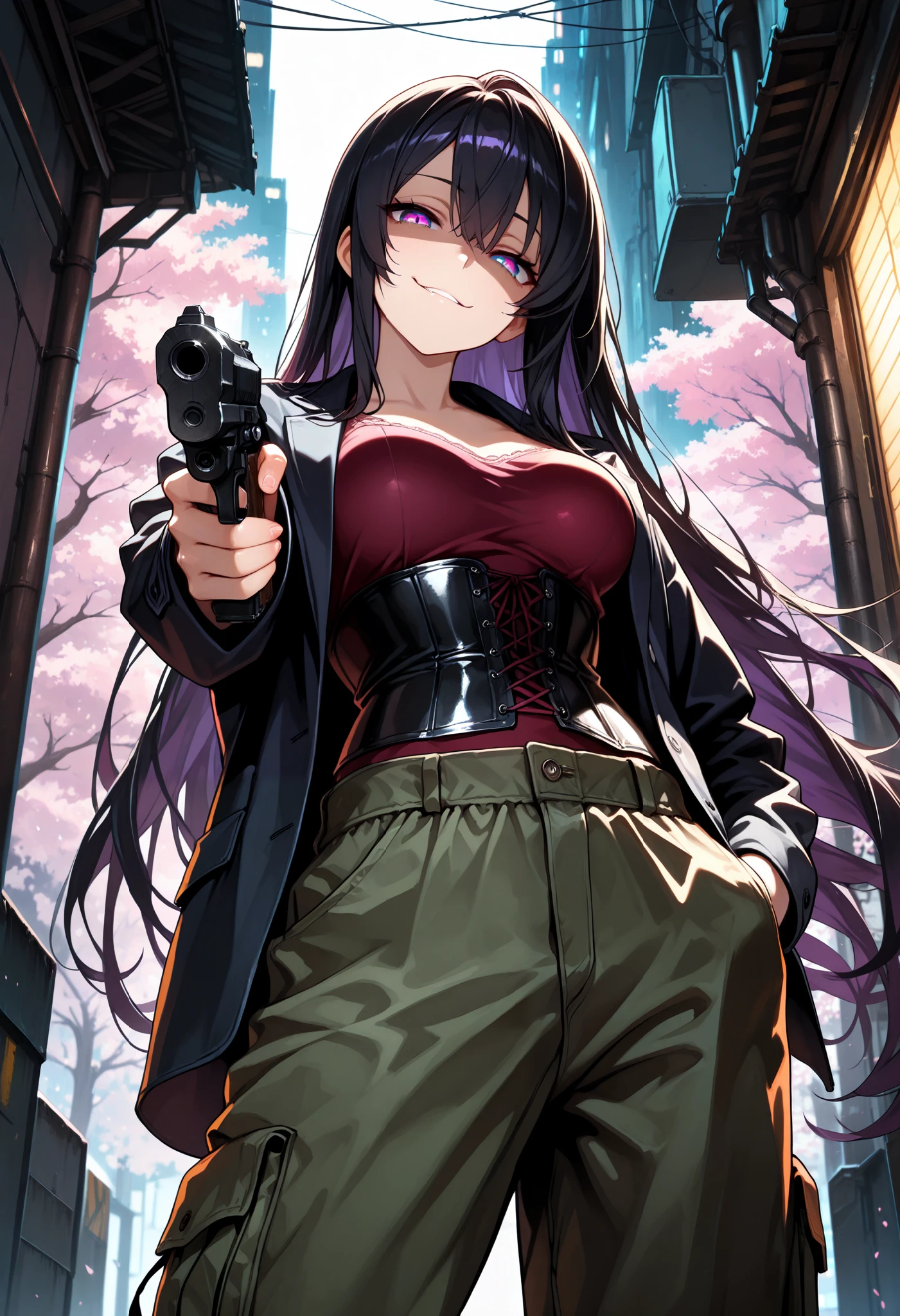 1 Woman, sharp purple eyes, multicolored eyes, hair between eyes, long side bangs, black hair with fine purple strands, very long hair, medium breasts, curvy, cool, beautiful, sexy, adult, seductive glance, standing、Holds a gun, pointed at the viewer, aiming at the viewer, partially shaded face , head tilt , gesugao , smirk, at night, dark night, dark alley solo, low angle shot, Lace-up corset, cargo pants with side pockets, (masterpiece , best quality) , amazing quality , very aesthetic , absurdres , newest , HDR , 8K , extremely detailed face and eyes , cinematic , professional lighting , backlighting, cherry blossom, cherry blossom trees,