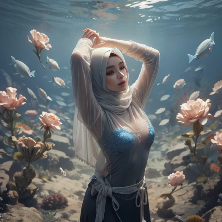 (masterpiece, beautiful ,best quality, realistic, ultra-realistic, realism, photorealism, 8k wallpaper, high quality, absurd, trending on ArtStation), Plunge into the magnificent world beneath the ocean's surface and depict the captivating sight of a girl in a (hijab with veil: 1.2), mini skirt and bikini in ocean colours, standing on the ocean floor, surrounded by a variety of bustling marine life. Bring viewers up close and personal with the girl and the underwater world, so that they can appreciate the intricate details of the marine environment. Show the girl as the central character, conveying a sense of awe and harmony as she interacts with the underwater creatures. Use a vivid colour palette to showcase the brilliant colours of corals, the shimmering scales of fish and the subtle movements of sea plants. Incorporate elements such as shells, starfish, and other marine flora and fauna to enhance realism and create a sense of depth. Let the artwork transport viewers into a mesmerising underwater world, where they can imagine themselves immersed in the girl's serene and stunning ocean encounters.