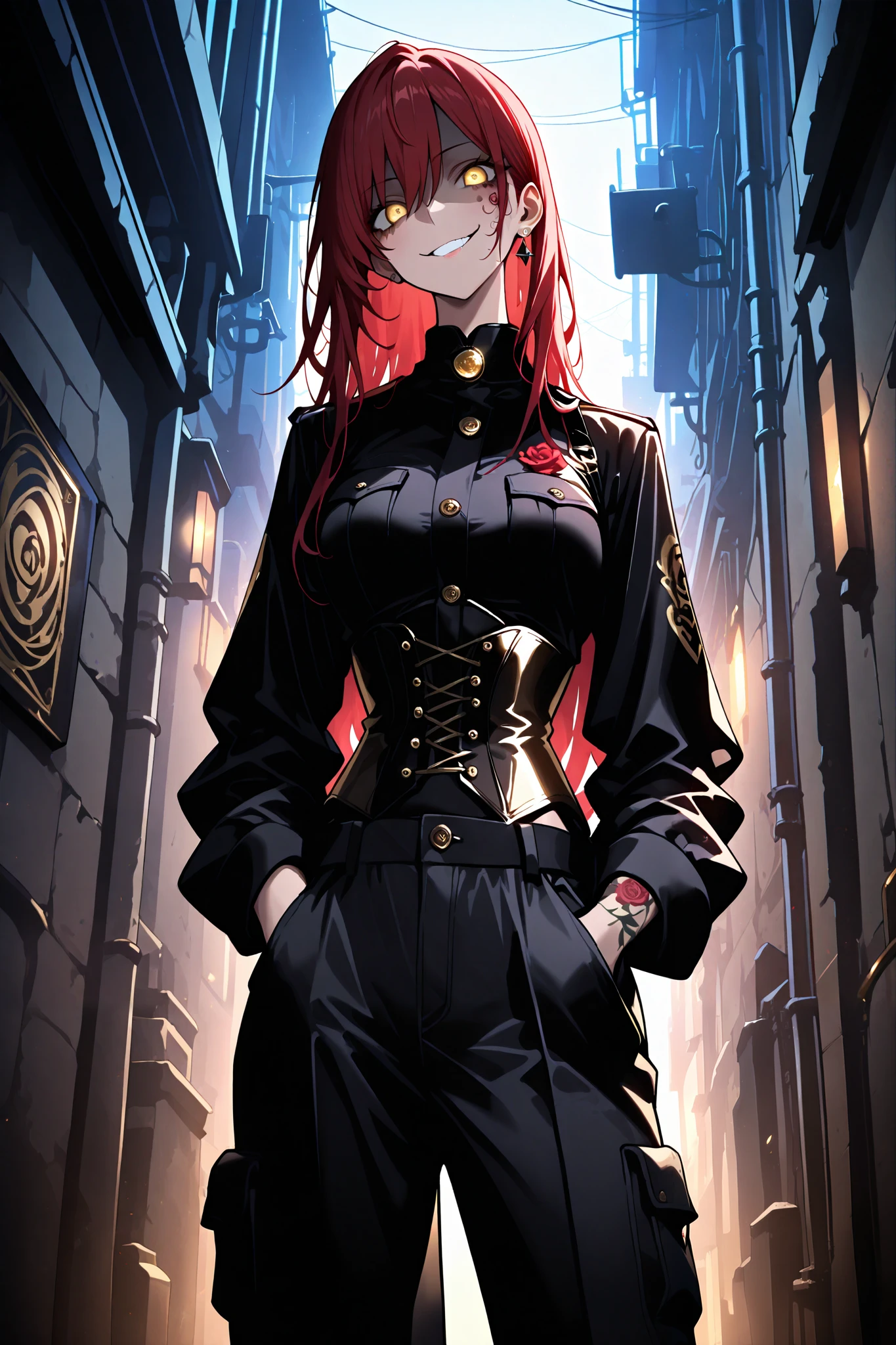 1 Woman, golden eyes, glowing golden eyes, red hair, long hair, standing, tattoos, rose tattoos, Lace-up corset, cargo pants with side pockets、standing、Holds a gun, pointed at the viewer, aiming at the viewer, partially shaded face , head tilt , gesugao , smirk, at night, dark night, dark alley solo, low angle shot, Lace-up corset, cargo pants with side pockets, (masterpiece , best quality) , amazing quality , very aesthetic , absurdres , newest , HDR , 8K , extremely detailed face and eyes , cinematic , professional lighting , backlighting