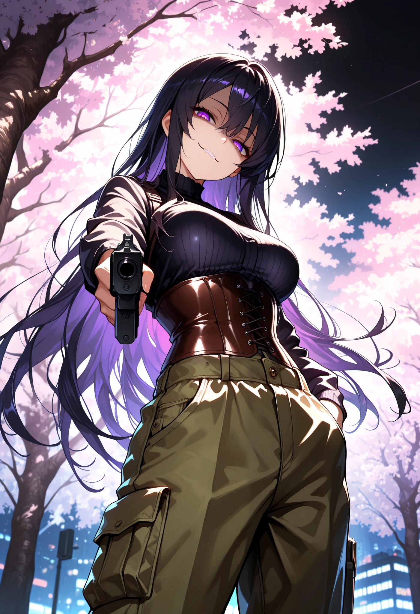 1 Woman, sharp purple eyes, multicolored eyes, hair between eyes, long side bangs, black hair with fine purple strands, very long hair, medium breasts, curvy, cool, beautiful, sexy, adult, seductive glance, standing、Holds a gun, pointed at the viewer, aiming at the viewer, partially shaded face , head tilt , gesugao , smirk, at night, dark night, solo, low angle shot, Lace-up corset, cargo pants with side pockets, (masterpiece , best quality) , amazing quality , very aesthetic , absurdres , newest , HDR , 8K , extremely detailed face and eyes , cinematic , professional lighting , backlighting, cherry blossom, cherry blossom trees,